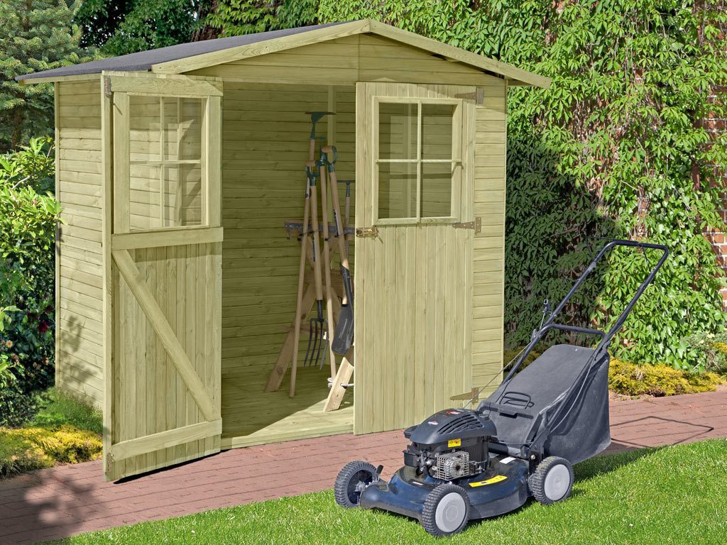 Woodtex Gartenhaus Gerätehaus Berlin Gr. 1 14 mm, kesseldruckimprägniert, BxT: 180x145 cm, 14 mm Wandstärke, Doppeltür mit Kunstglas-Einsätzen, Kesseldruckimp...