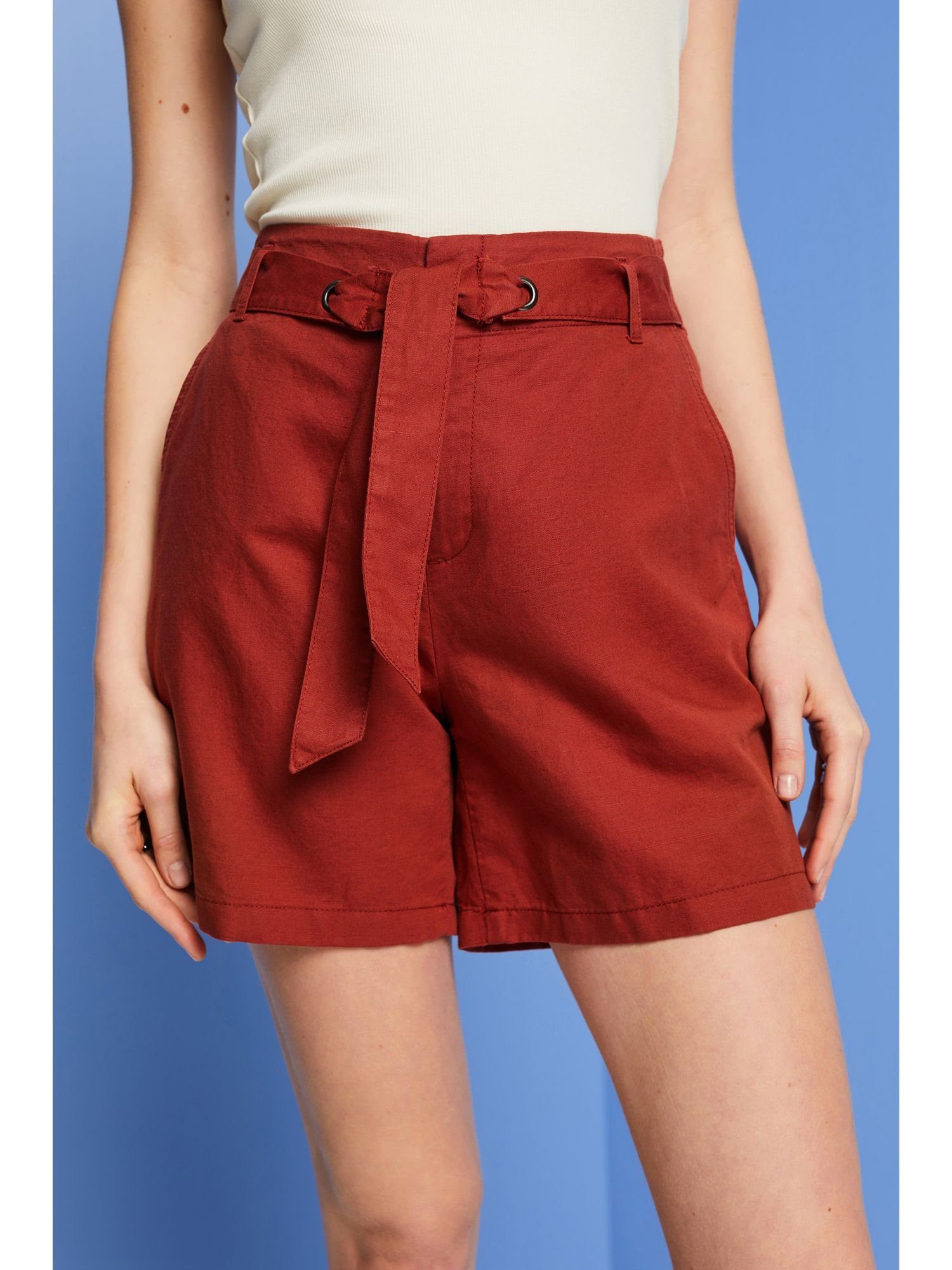 (1-tlg) TERRACOTTA mit Baumwoll-Leinenmix Esprit Shorts Shorts Bindegürtel,
