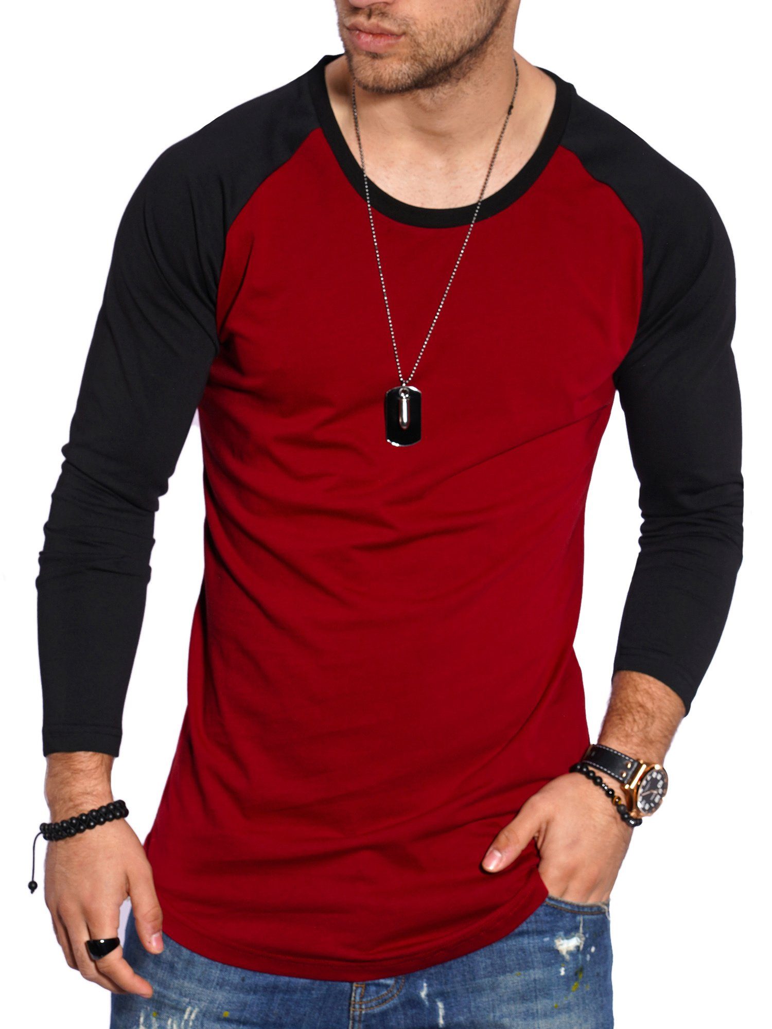 Shirt Raglan-Stil Weinrot-Schwarz Longsleeve Style-Division SDGLENDALE im Basic