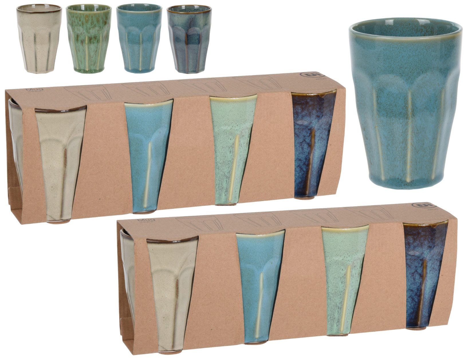 Koopman Becher Mug Kaffeebecher 12,5x9cm Cafe Tasse Bunte Farben, Porzellan, 8 Becher, 330ml Becher, 4 Farben, Porzellan, Trinkbecher
