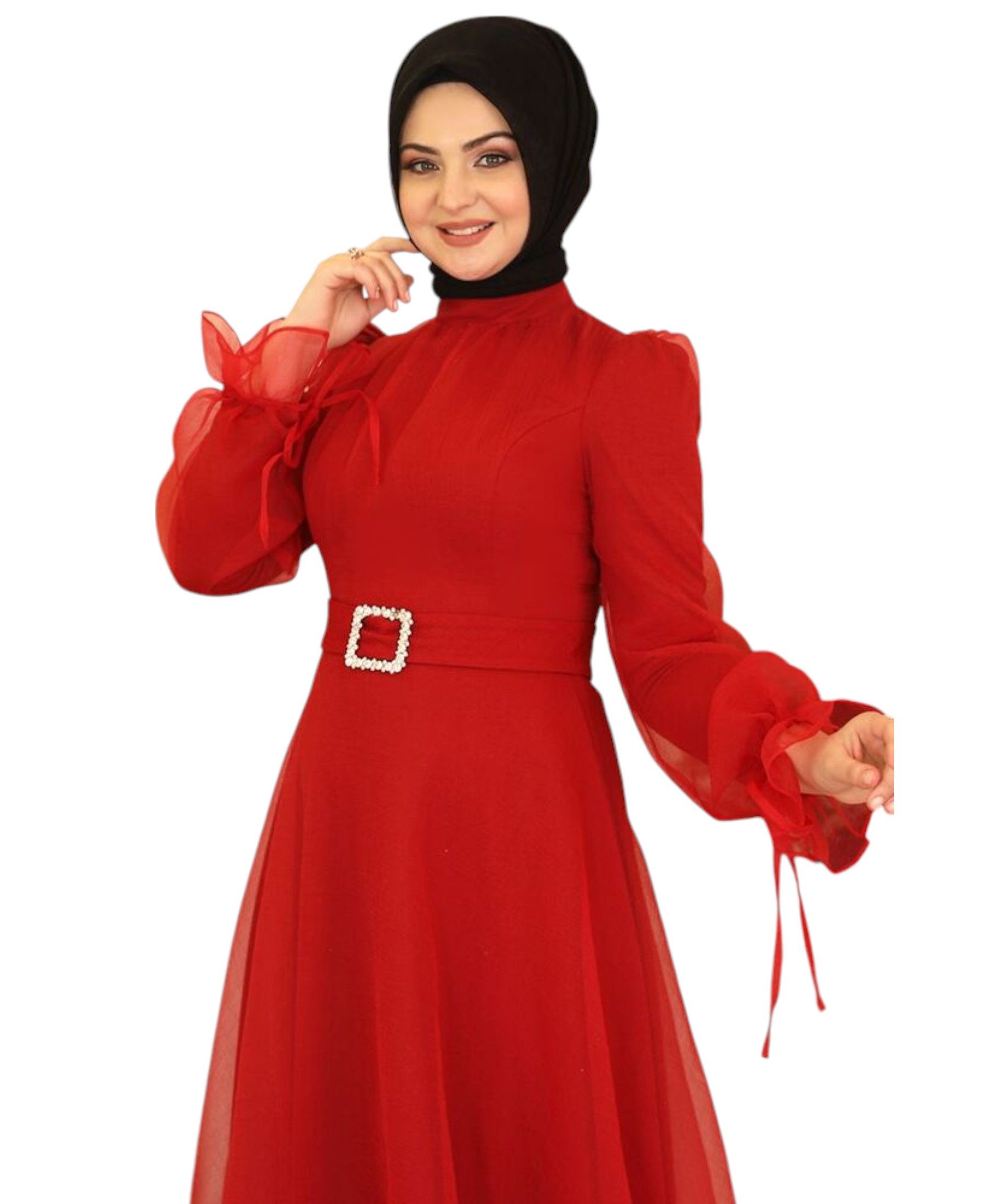 Modavitrini Abendkleid Damen Tüll Maxikleid Langarm – Festkleid mit Gürtel Modest Fashion Gürtel mit Schmucksteinen