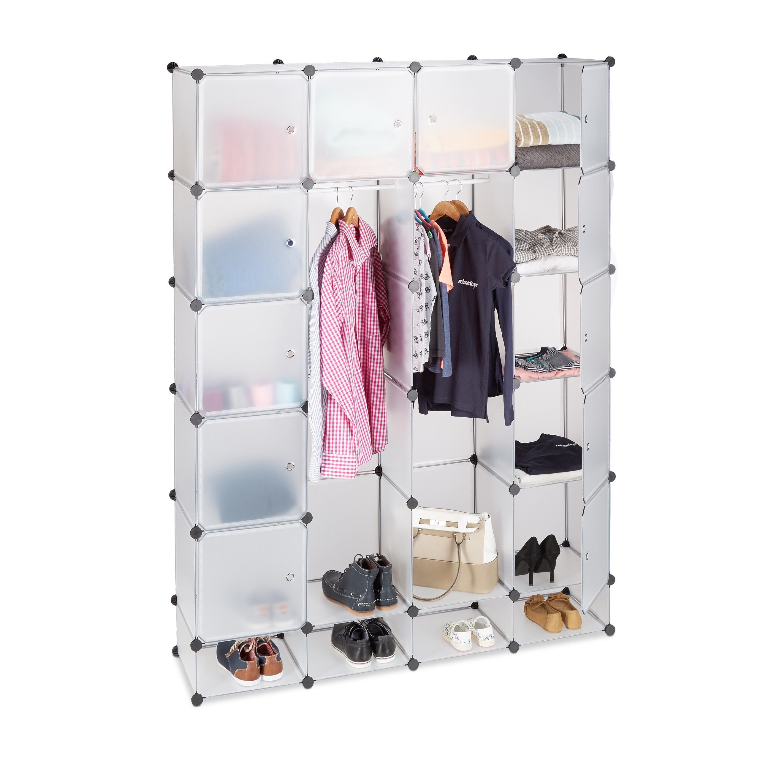 relaxdays Kleiderschrank Kleiderschrank Stecksystem 18 Fächer Transparent Transparent Schwarz | transparent