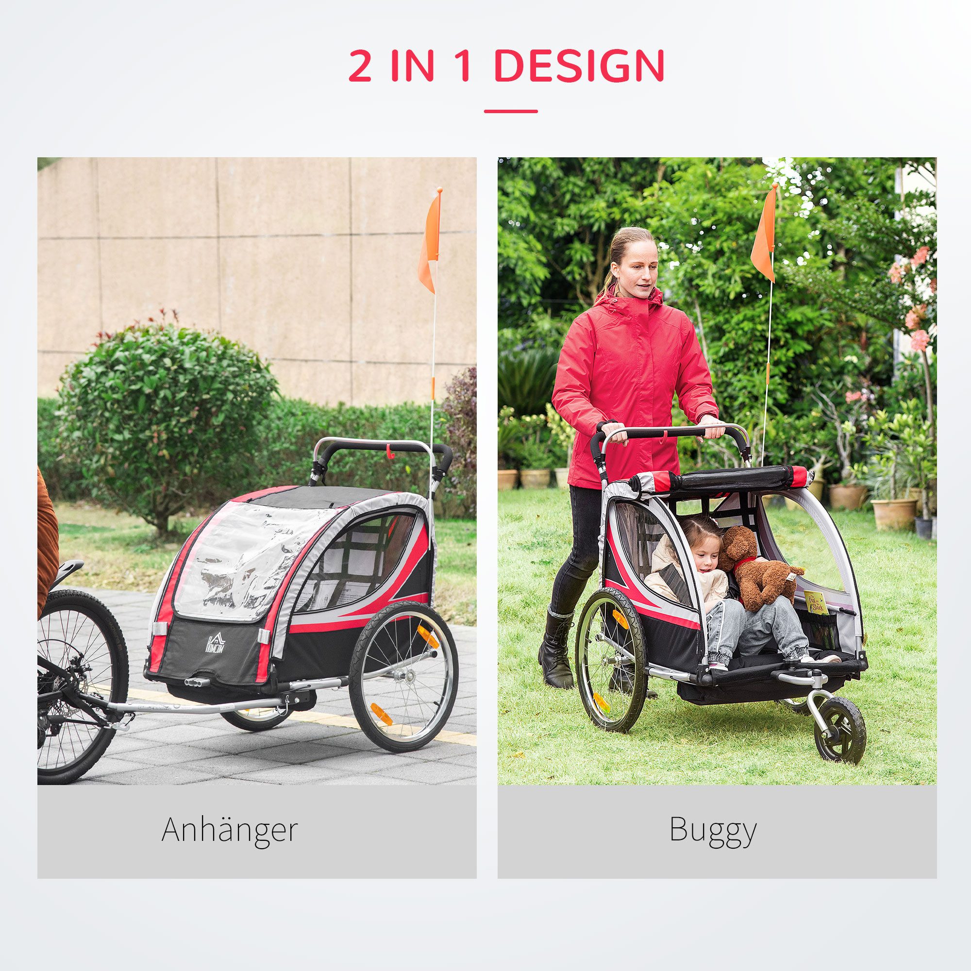HOMCOM Fahrradkinderanhänger Kinderanhänger, Fahrradanhänger für 2 Kinder, rot, 2-in-1 Kinderanhänger – Bild 4 von 5