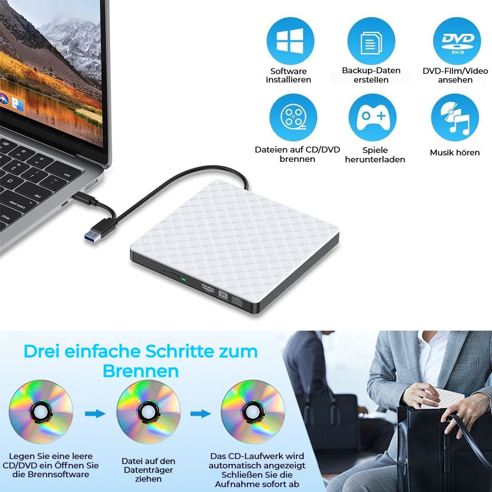VIVIHEYDAY Externes CD DVD Laufwerk, USB 3.0, Tragbarer CD-DVD-Brenner, CD/DVD Portabler DVD-Player (Player für Laptop, kompatibel mit Laptop, Mac, PC, Windows, Linux)