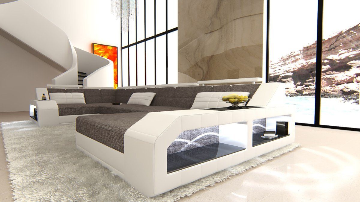 Sofa Dreams Schlafsofa, als Hellgrau-Weiss Bettfunktion mit Form Designersofa Wohnlandschaft LED, wahlweise H3 U Arezzo mit H Stoffsofa, 