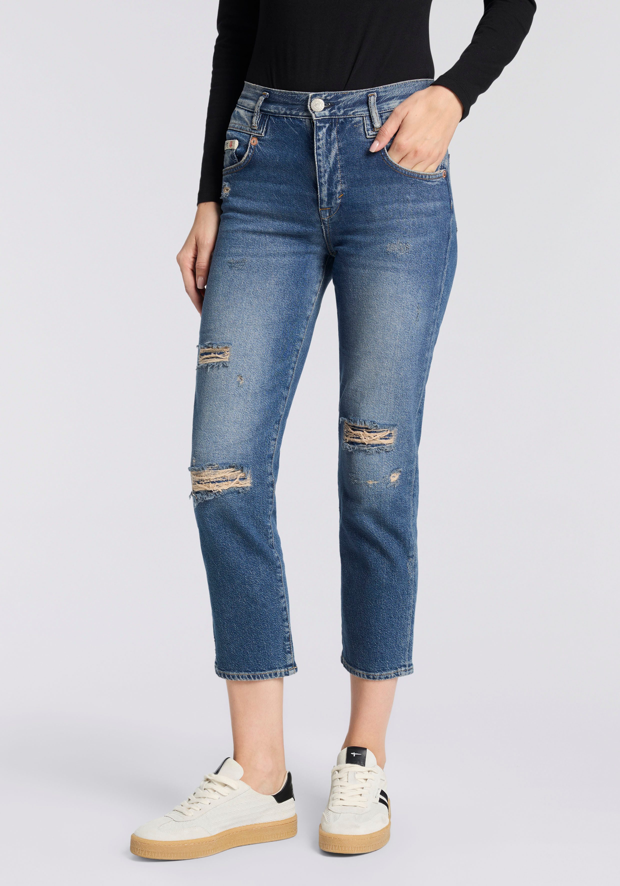 Herrlicher 5-Pocket-Jeans Breezy Cropped Denim Straight Fit mit Destroyed-Effekten
