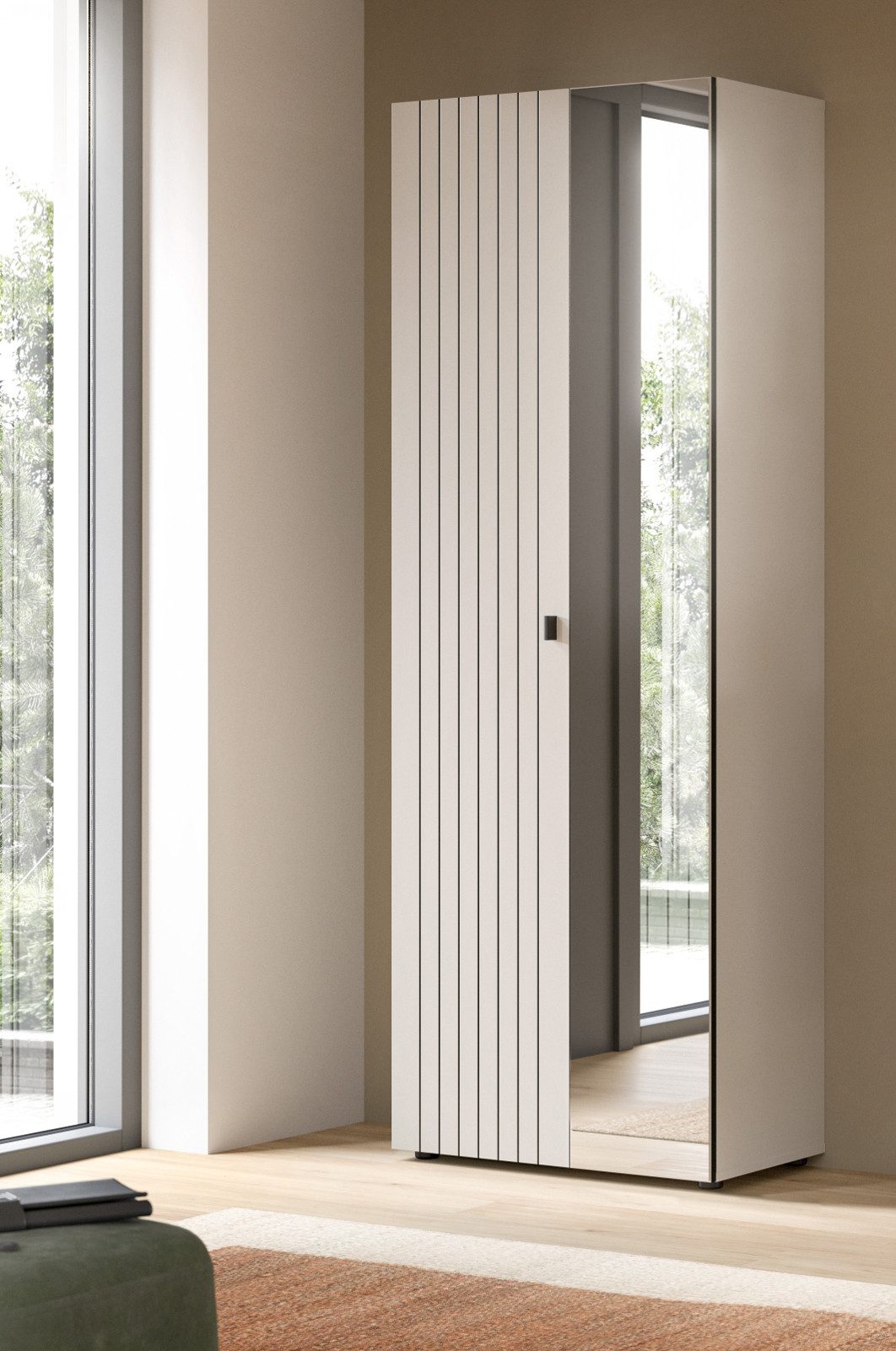 Inn.Furn Garderobenschrank Loreno (Schuhschrank in Kaschmir / Sand mit Schwarz, Spiegeltür, 70 x 192 cm) variable Inneneinteilung