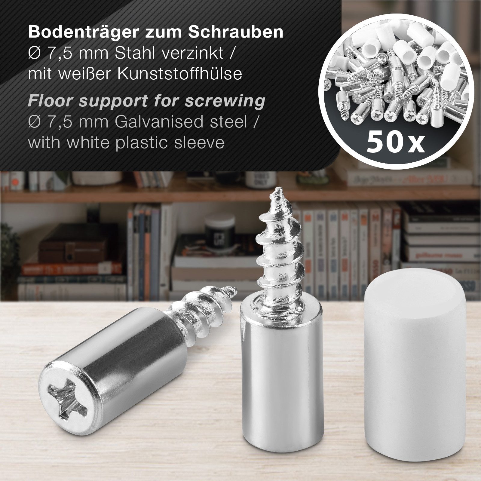 SO-TECH® Möbelbeschlag Fachbodenträger Bodenträger Schraubmontage Ø 7,5 mm, Stahl (50 St), weiß, L 25,5 mm, Gewindelänge 12,5 mm, Kreuzschlitz PH2 – Bild 2 von 5