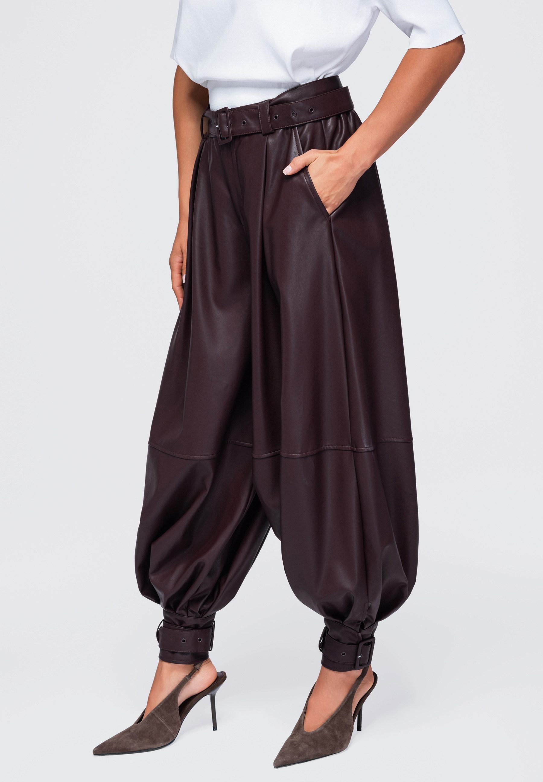 OMBRE Haremshose Damen Haremshose mit hohem Bund und weitem Schnitt Bordeaux S (kein Set, 1-tlg) in Unifarbe