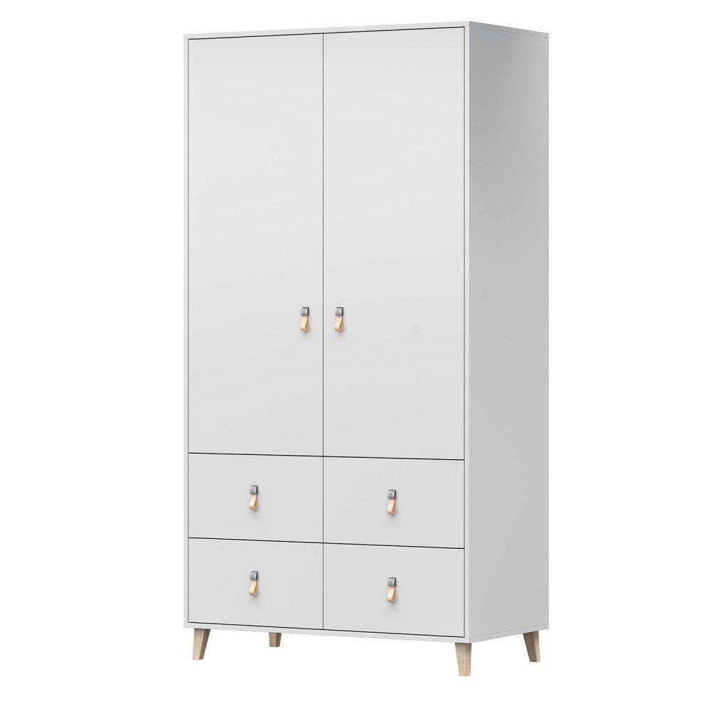 MOEBLO Drehtürenschrank FAGO 06 2D4S (Kleiderchrank Schrank Kinderschrank mit Schubladen, Griffe aus Leder, weiß) (B x H x T): 104x201,50x55 cm