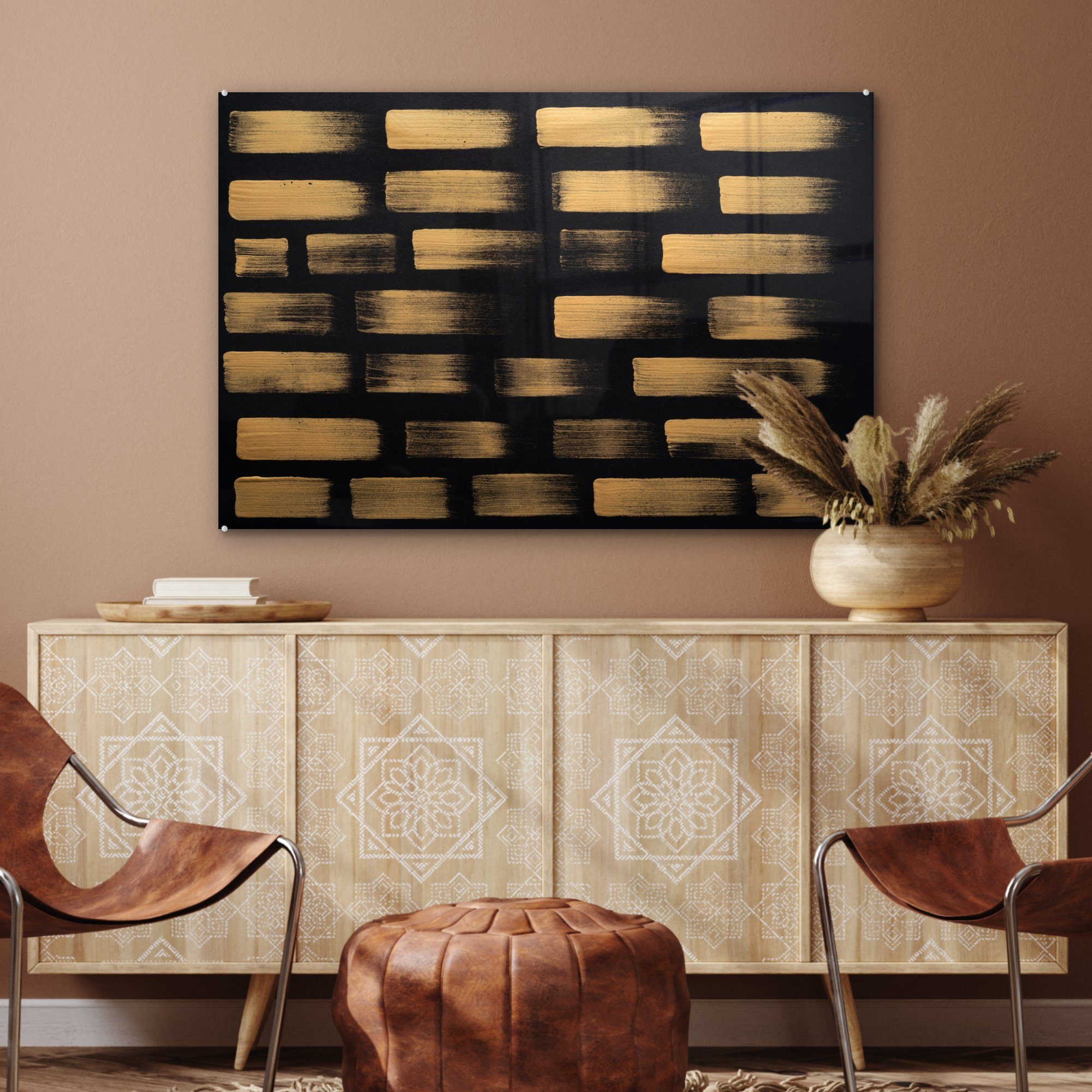 Acrylglasbild MuchoWow Papier, auf Wohnzimmer Acrylglasbilder & St), Streifen Goldfarbene (1 Schlafzimmer schwarzem