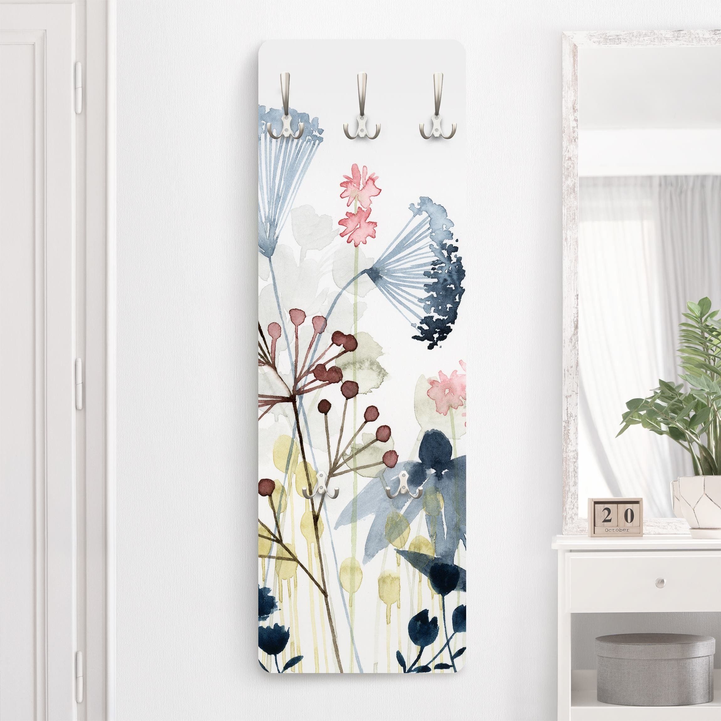 Bilderdepot24 Garderobenpaneel weiss Aquarell Blumen Floral Kunst Landhaus Wildblumen Aquarell I (ausgefallenes Flur Wandpaneel mit Garderobenhaken Kleiderhaken hängend), moderne Wandgarderobe - Flurgarderobe im schmalen Hakenpaneel Design