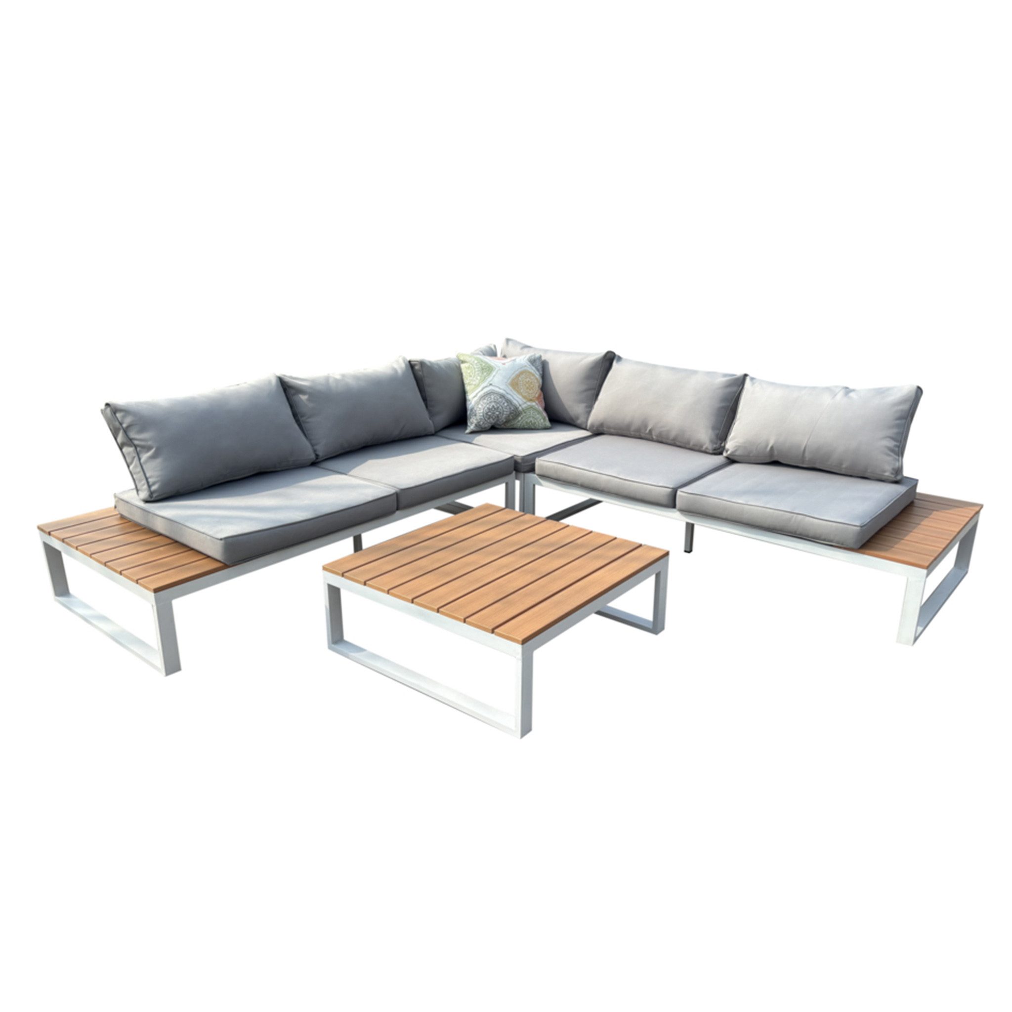Happy Home Gartensofa 14 tlg. Loungeset aus Aluminium inkl. Auflagen hellgrau mit Holzoptik