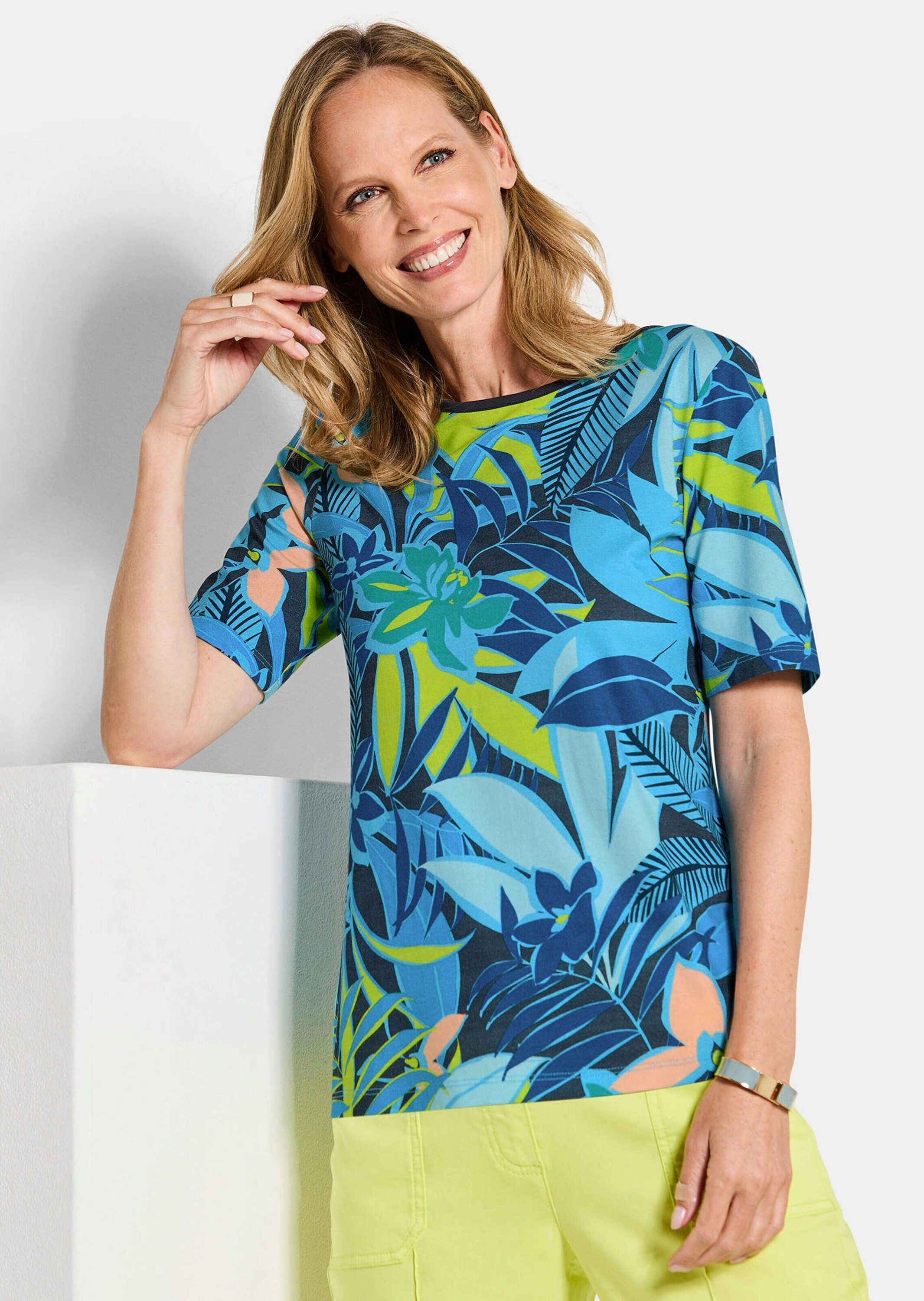 GOLDNER T-Shirt Druckshirt mit floralem Print Viskoseshirt mit U-Boot-Ausschnitt und Halbarm