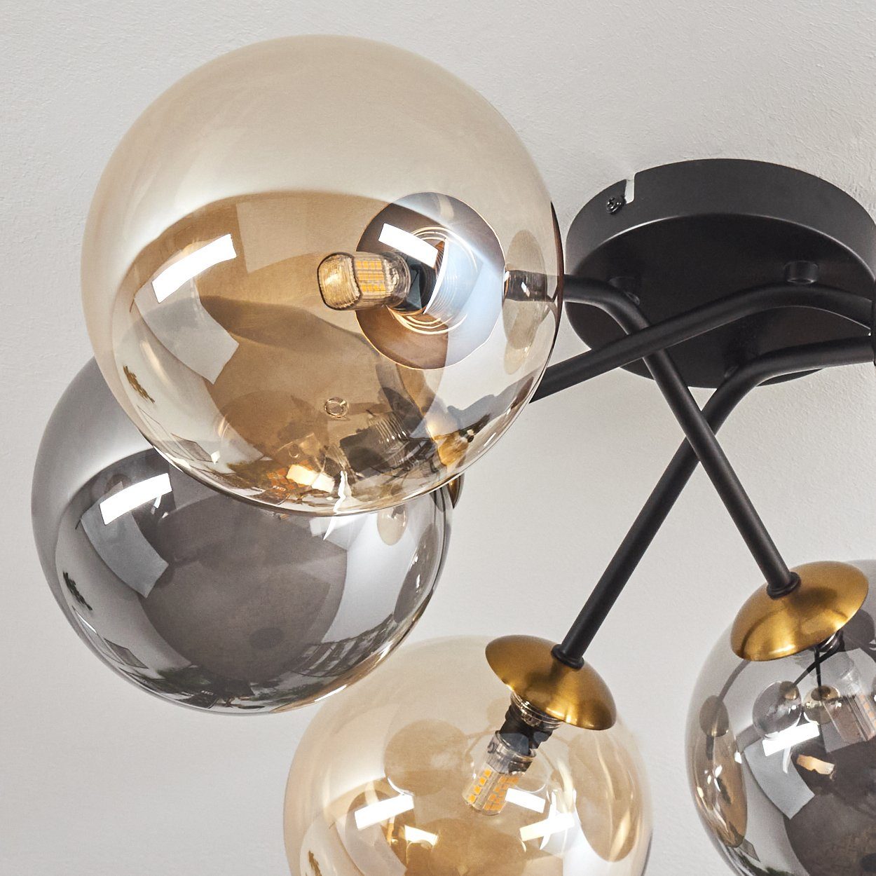hofstein Deckenleuchte Deckenlampe aus Metall/Glas in Schwarz/Gold-/Rauch-/Bernsteinfarben, ohne Leuchtmittel, moderne Leuchte mit Glasschirmen (15 cm), 6 x G9, ohne Leuchtmittel