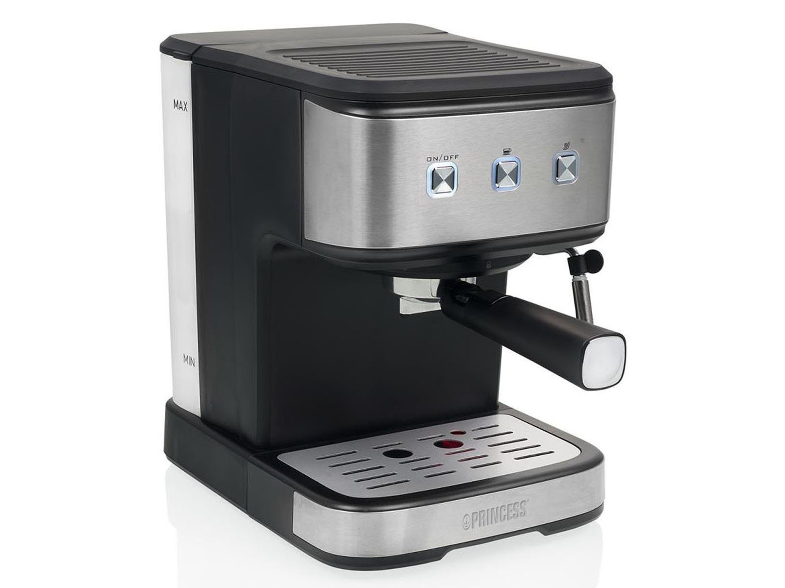 PRINCESS Kapselmaschine, italienische Siebträger Kaffee & Espresso-Maschine  mit Tassenwärmer & Milchaufschäumer für Latte Macchiato & Cappuccino,  Siebdruck Kaffeemaschine