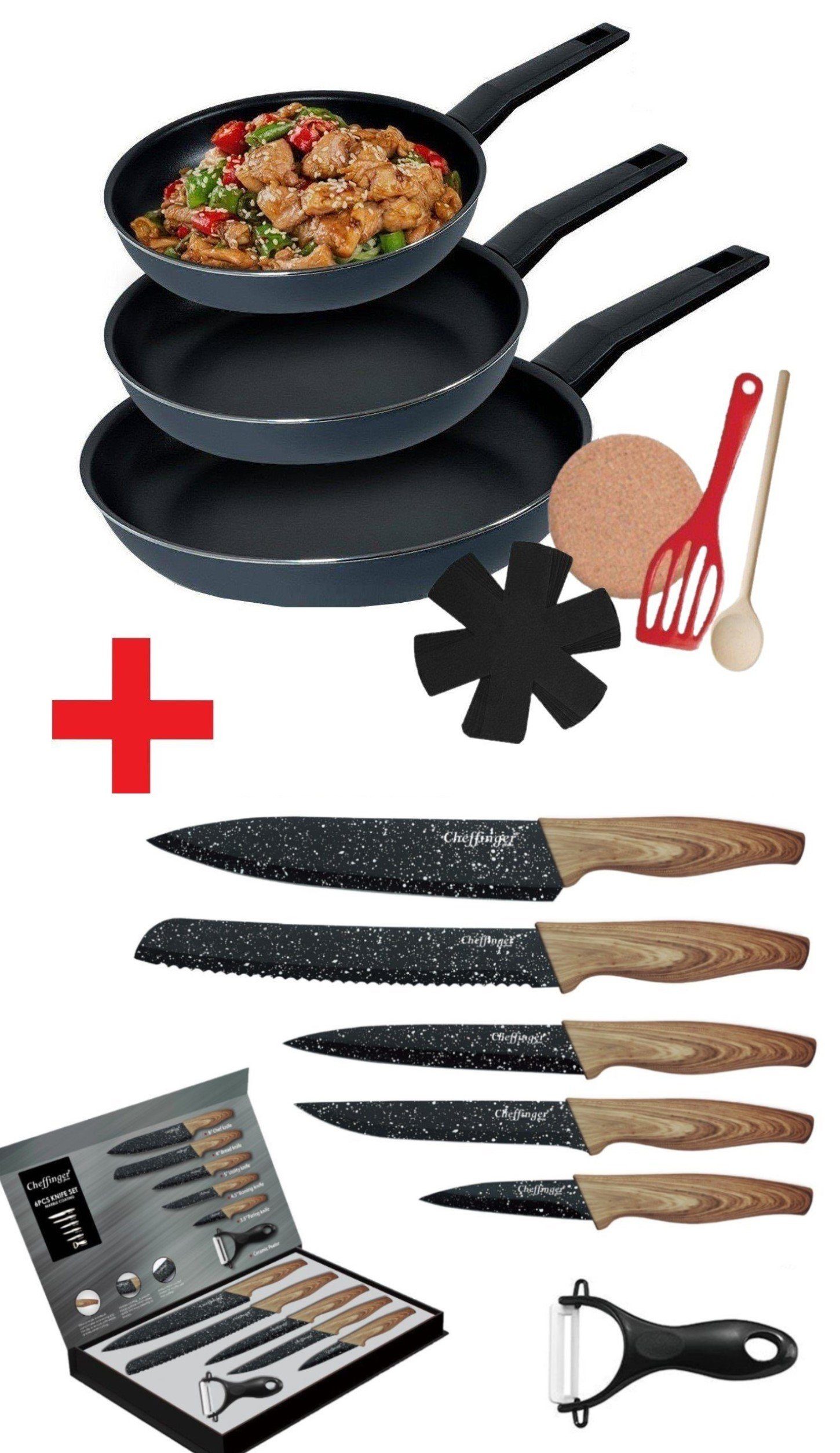 KESSMANN Pfannen-Set Induktion Bratpfannen Set Küchen 1 + 3 + Untersetzer + Küchen Einlagen Messerblock -KOMPLETT Pfannenwender 9tlg Messerset Löffel 6tlg Knife + Inkl Pfannenset Pfanne Induktionsherd 1 1 Messer Antihaft), (Set, SET-, Aluminium 15-tlg