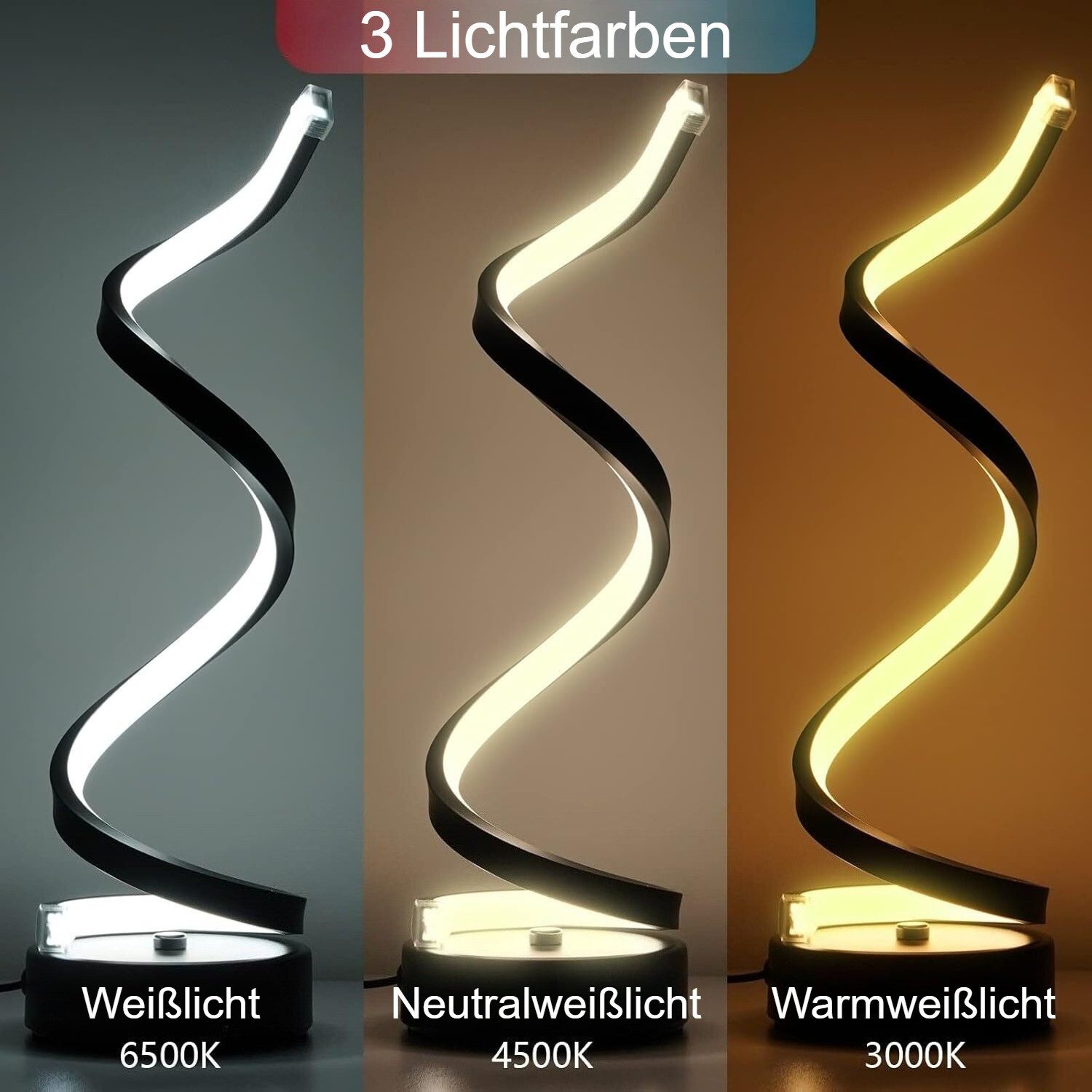 Toomoke LED Tischleuchte LED Tischlampe Modern Nachttischlampe,Nachtlicht mit 3 Farbtemperatur, Dimmbare, Warmem Licht 3000 K, Weißem Licht 6000 K, Natürlichem Licht 4500 K, 12W Schwarz Tischlampe mit Metallsockel