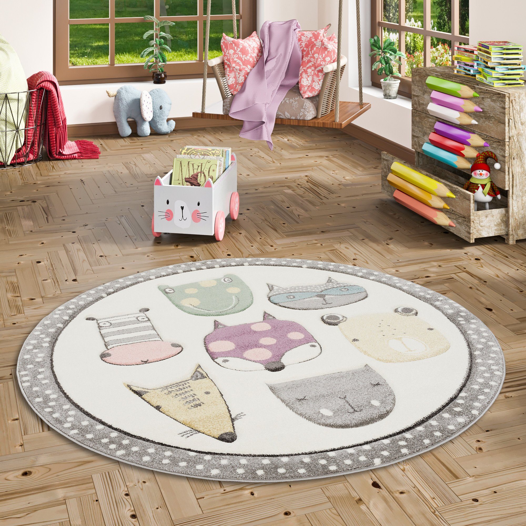 Pergamon Kinderteppich Kinder Teppich Maui Kids Happy Animals Bunt Rund, Rund, Höhe: 13 mm
