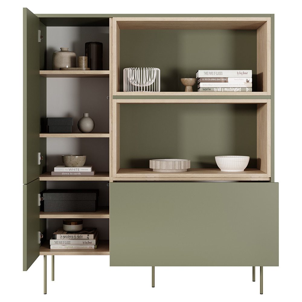 Lomadox Highboard DELFT-141, in olivgrün und Eiche, 120 cm breit, grifflos