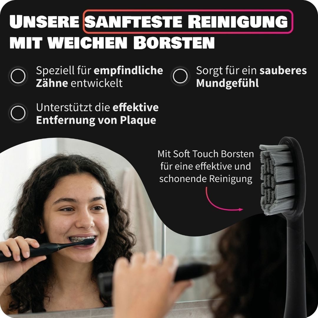 Zahnheld Aufsteckbürsten Ersatzbürsten Basic Soft - ideal für Schallzahnbürste Gero, im 3er, 6er oder 9er Set, Zahnpflege Set, sensibles Zahnfleisch & Zähne, plastikfrei verpackt, 3 Stück, schwarz