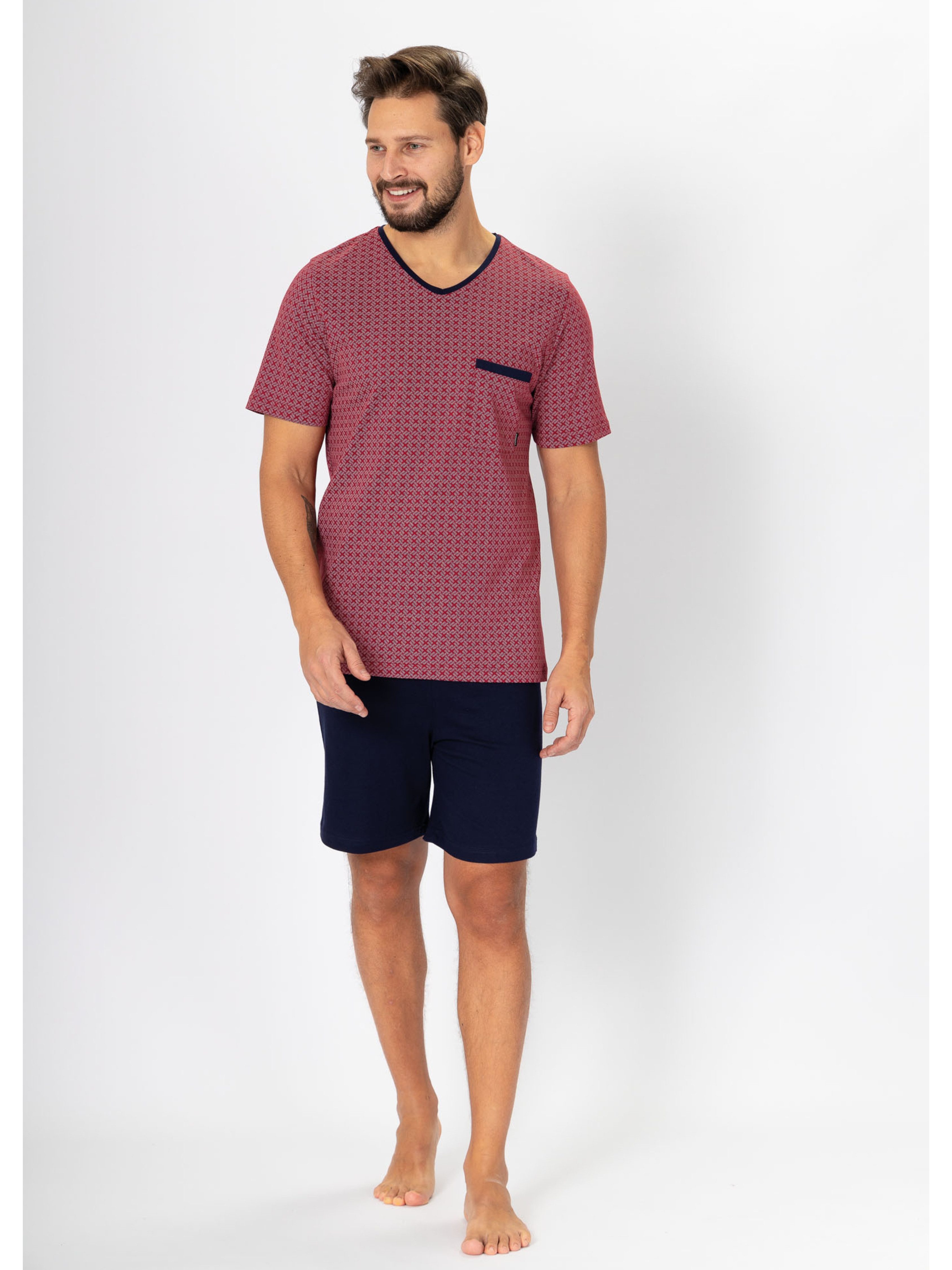 HOTBERG Shorty Pyjama-Set Herren kurz Premium-Baumwolle (2 tlg) Marsrot-Darkblue Nachtwäsche mit V-Ausschnitt