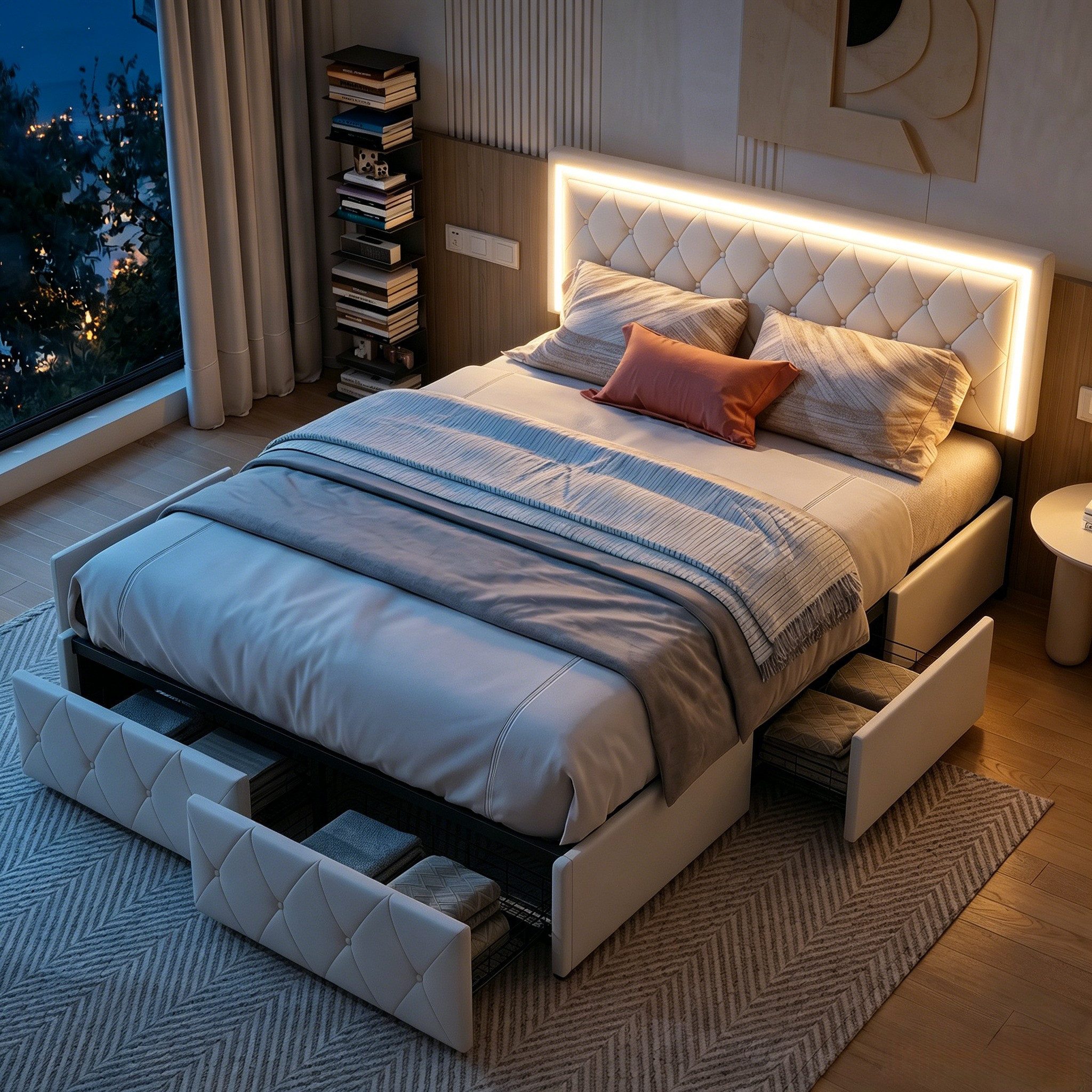 Furnishings Home Polsterbett Stauraumbett Doppelbett Jugendbett (Verstellbare Kopfteilhöhe), Mit LED-Beleuchtung,vier Schubladen auf Rollen, Kunstleder, 160x200 cm