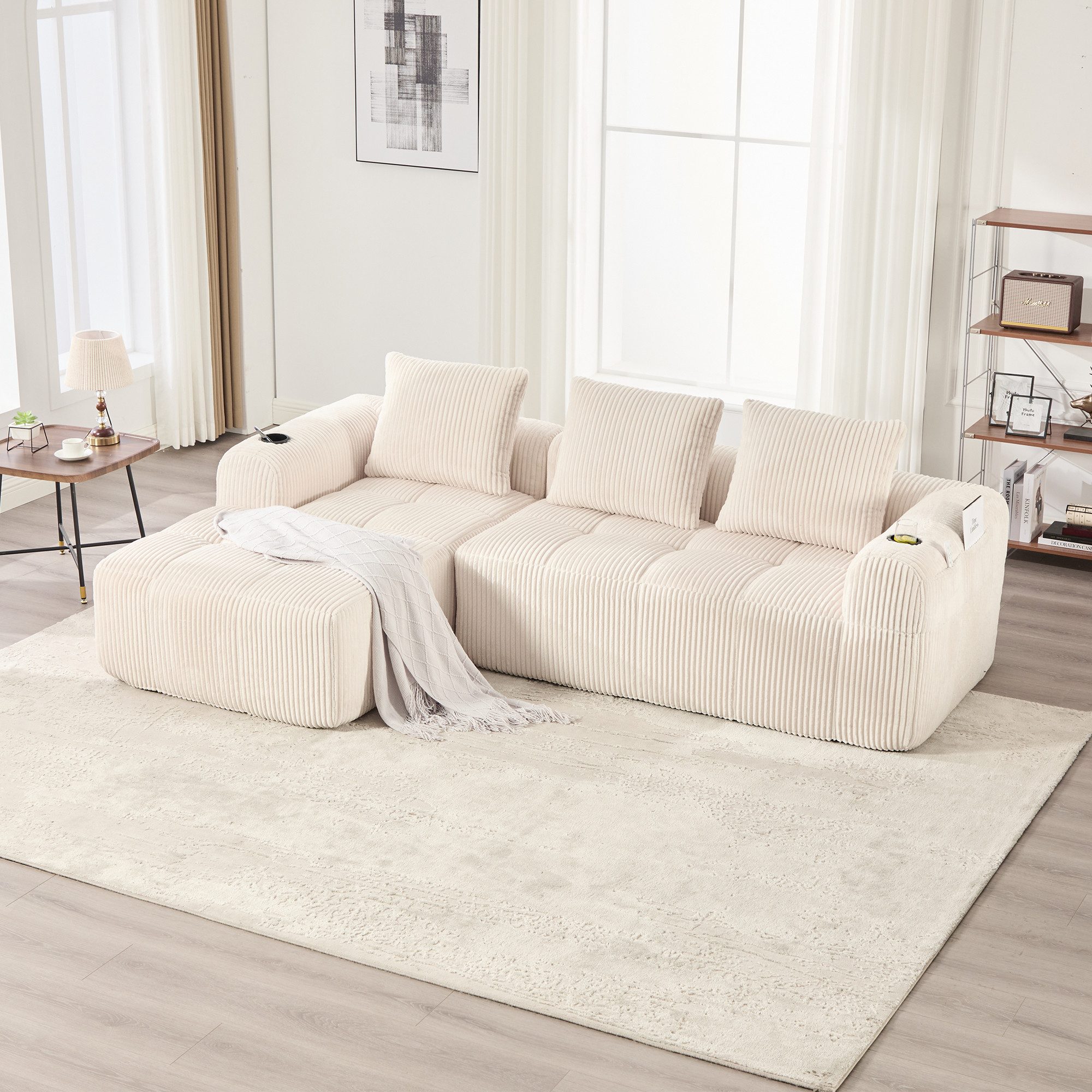 REDOM Sofa Loungesofa aus Cordstoff, mit Seitentasche und Getränkehalter, inklusive 3 Kissen, komfortables Sitzmöbel, modular