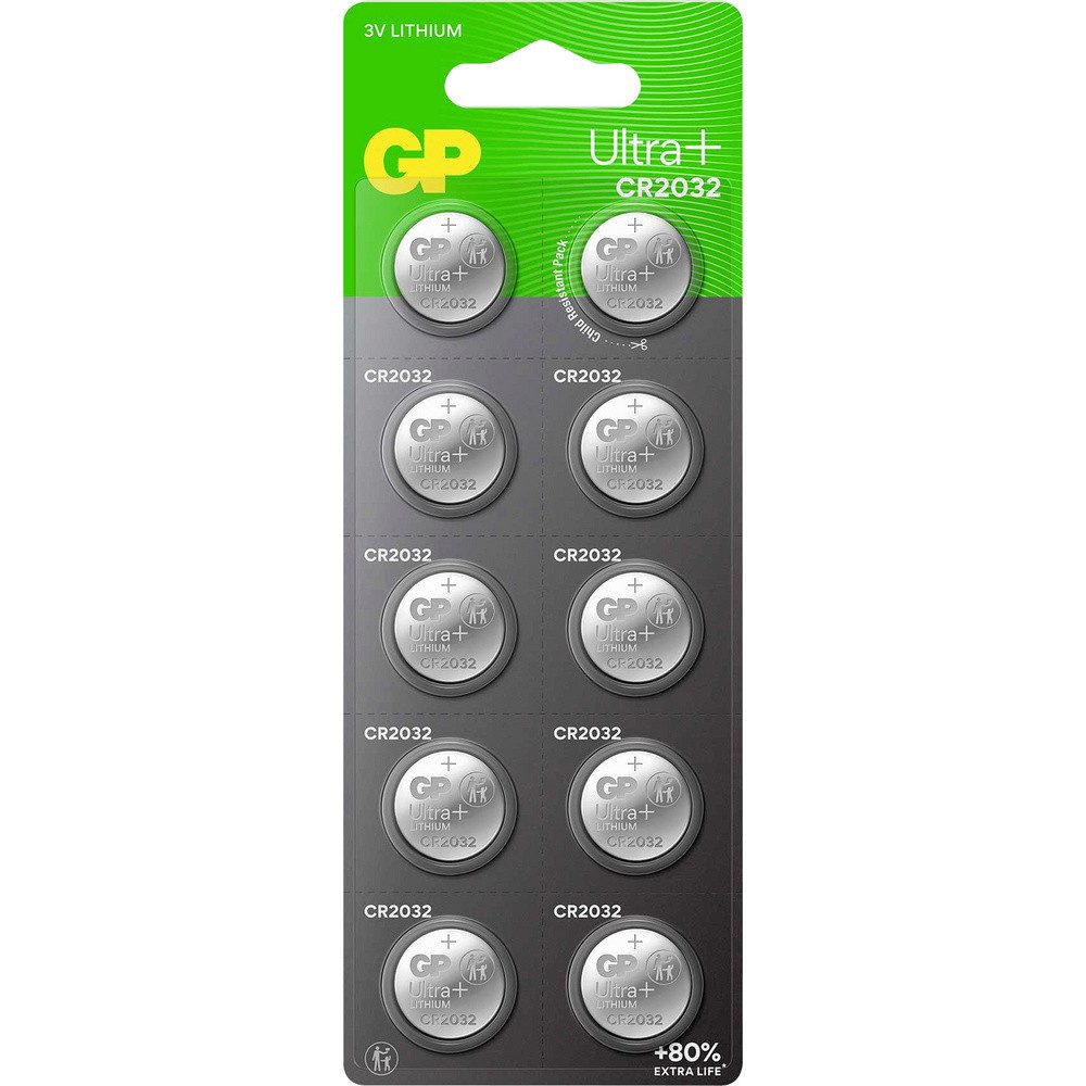 Gp GP Knopfzelle CR 2032 3 V 10 St. 240 mAh Li-MnO2 GP Ultra Plus Batteri Knopfzelle, (3.00 V)