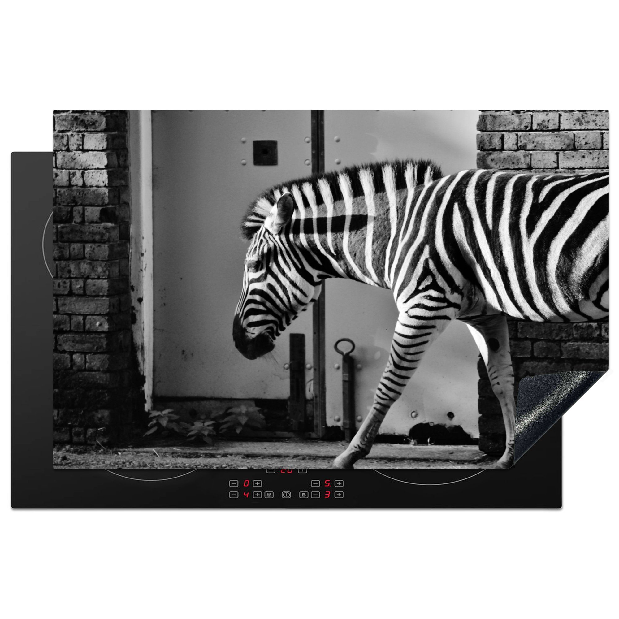 MuchoWow Herdblende-/Abdeckplatte Zebra - Wand - Tür - Tiere - Schwarz und weiß, Vinyl, (1 tlg), 81x52 cm, Ceranfeldabdeckung, Arbeitsplatte für küche