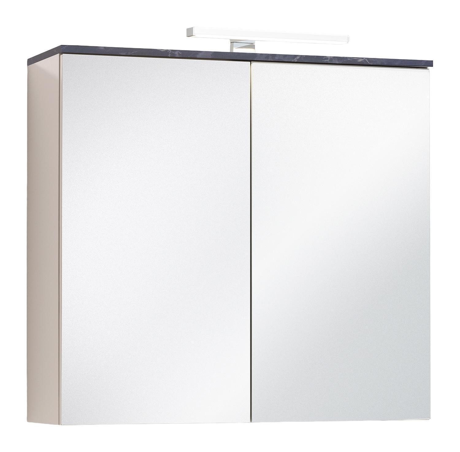 Composad Spiegelschrank PROMESSA, Cashmeregrau matt, Schwarz, Marmoroptik, 2 Spiegeltüren, LED-Aufsatzleuchte, B 70 x H 65 x T 22 cm
