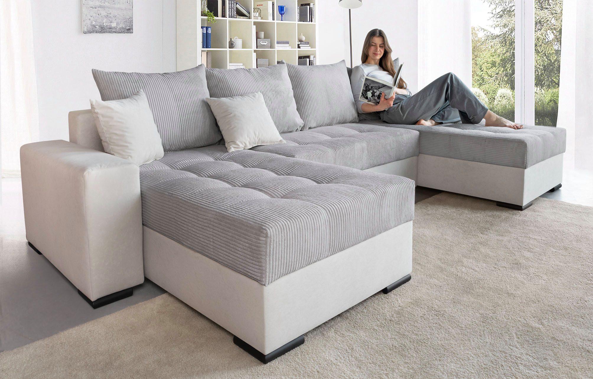COLLECTION AB Wohnlandschaft Josy XL U-Form, B: 313 cm in Cord, Cord-Mix, mit Bettfunktion, Bettkasten & 2 Zierkissen, Federkern