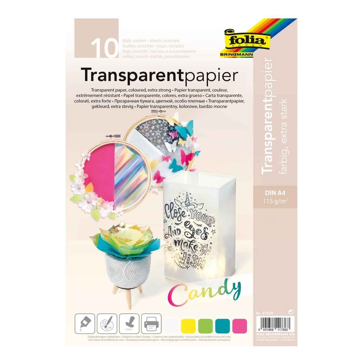 Folia Max Bringmann KG Transparentpapier folia Transparentpapier Candy 115g/m² 5 Farben DIN A4 10 Blatt