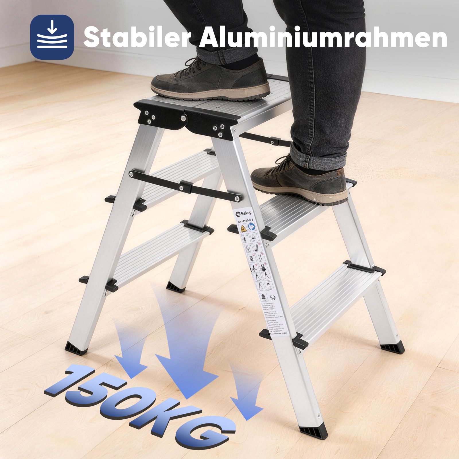 Sekey Trittleiter Alu Klapptritt 2 stufen/3 stufen, Doppelleiter bis 150kg belastbar, Aluleiter 2 Stufen faltbar, Haushaltsleiter für Zuhause & Küche