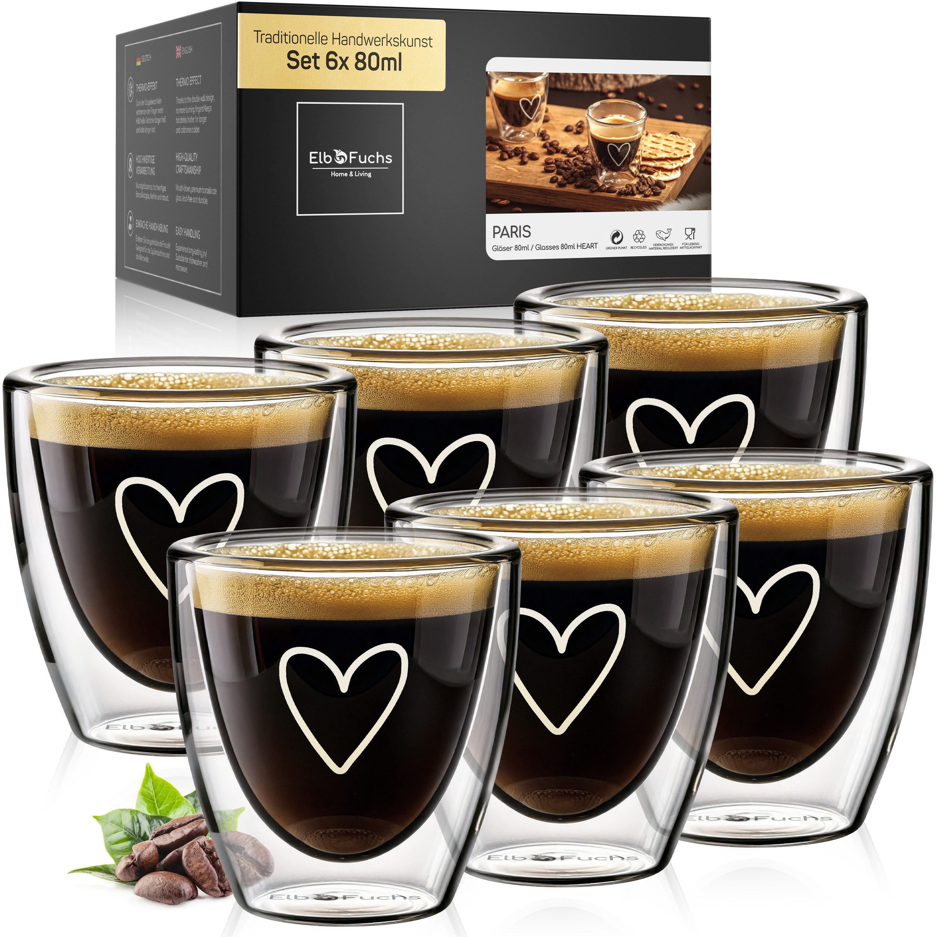 ElbFuchs Espressotasse Paris, 80 ml, Borosilikatglas, 6-tlg., Borosilikatglas, Doppelwandiger Thermoeffekt