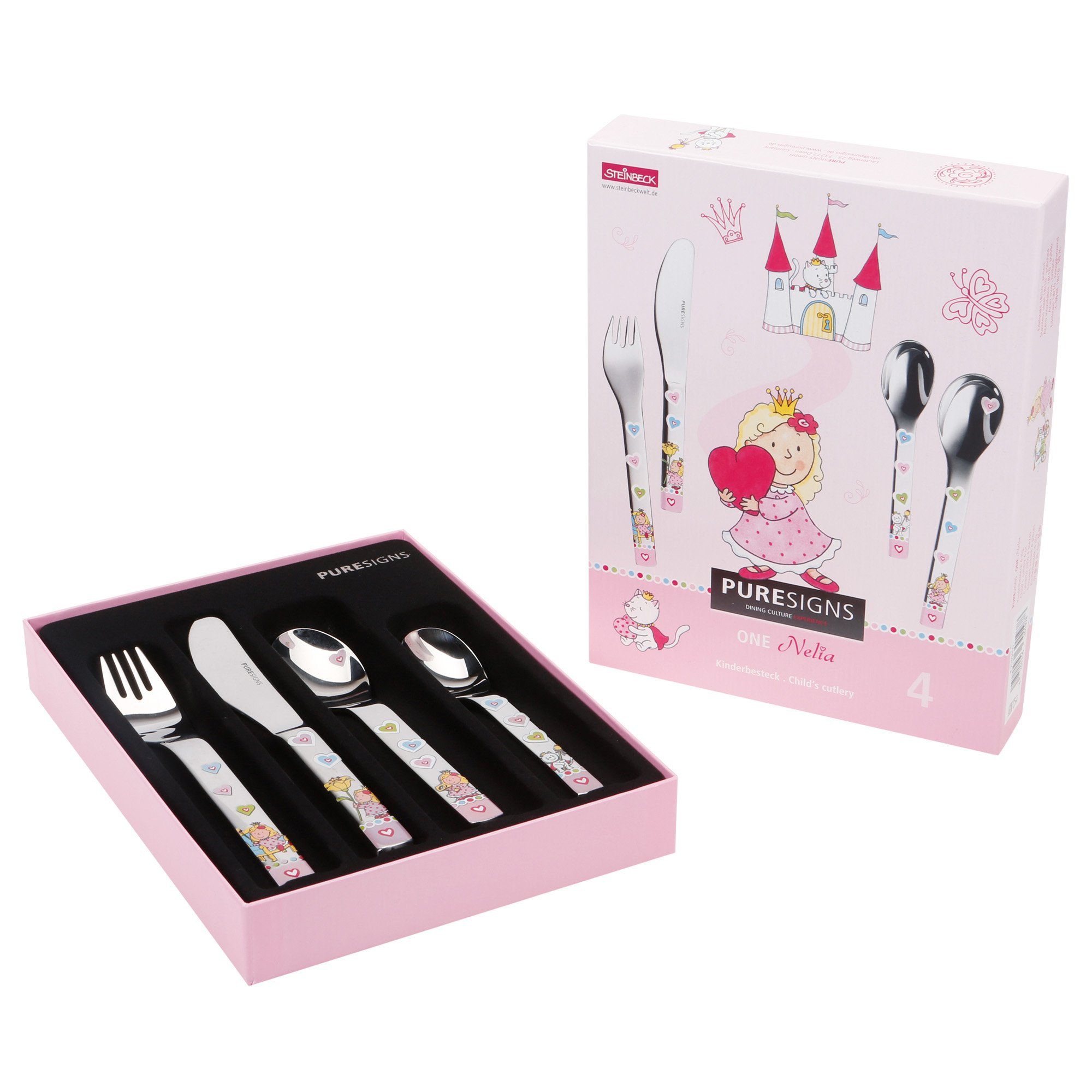 PURESIGNS Kinderbesteck NELIA (4-tlg), 1 Personen, Edelstahl 18/10, Plastikfreier Essgenuss für die Kleinen
