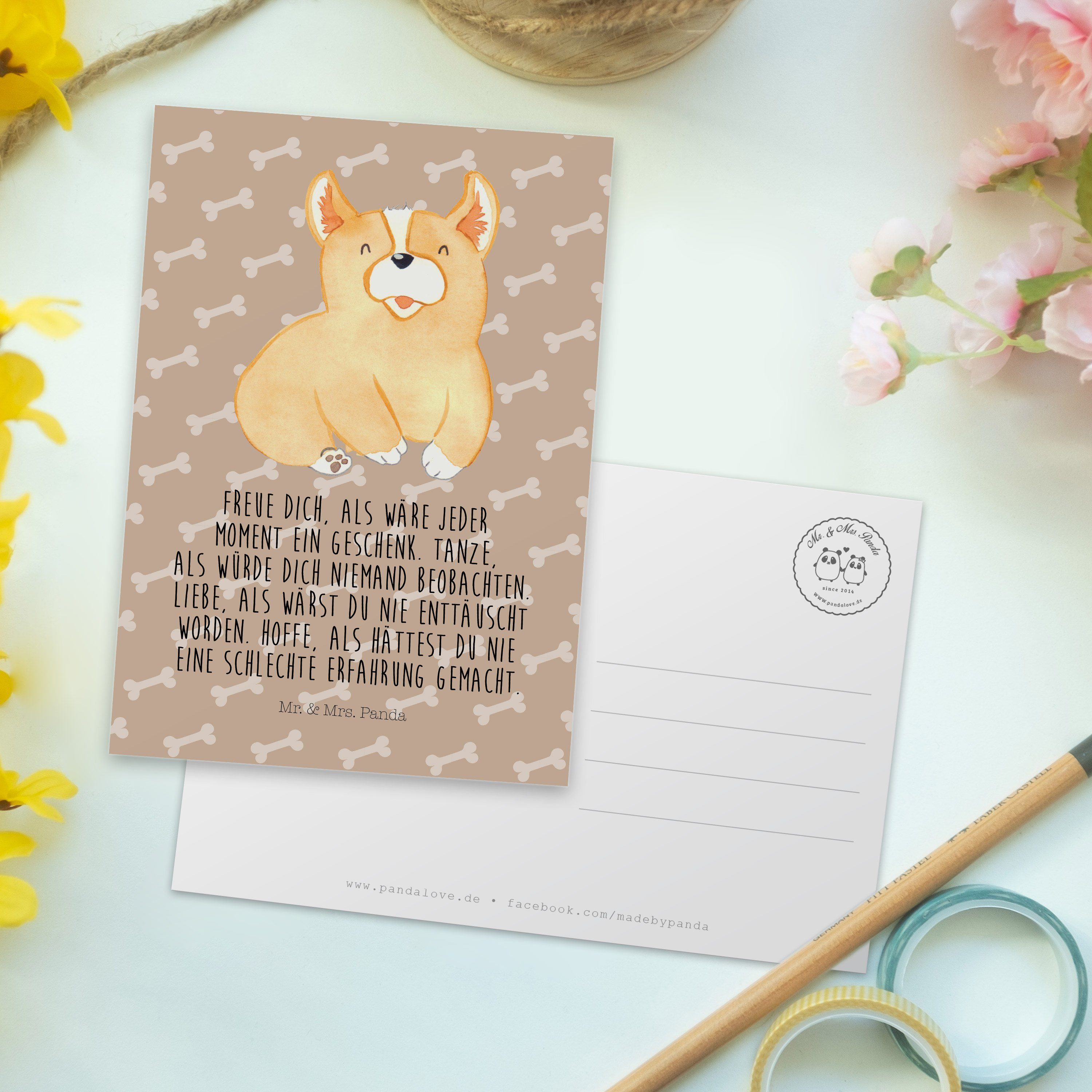 Hundeglück & Corgie Postkarte Ei - - Haustier, Mr. Mrs. Panda Dankeskarte, Geschenk, Motivation,
