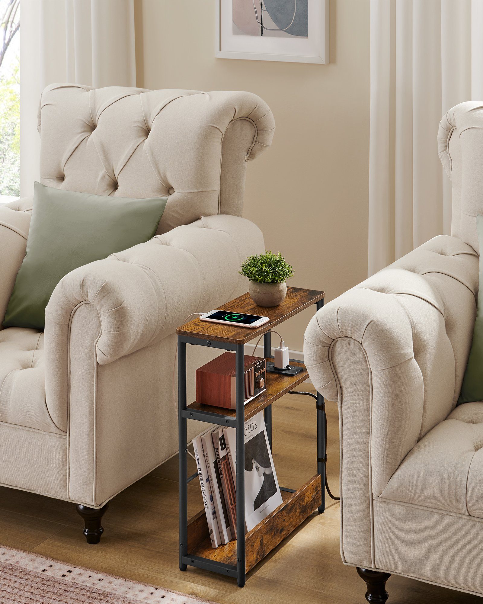 VASAGLE Beistelltisch, schmal, Nachttisch mit Ladefunktion, 3 Ablagen, Zeit günstig online kaufen