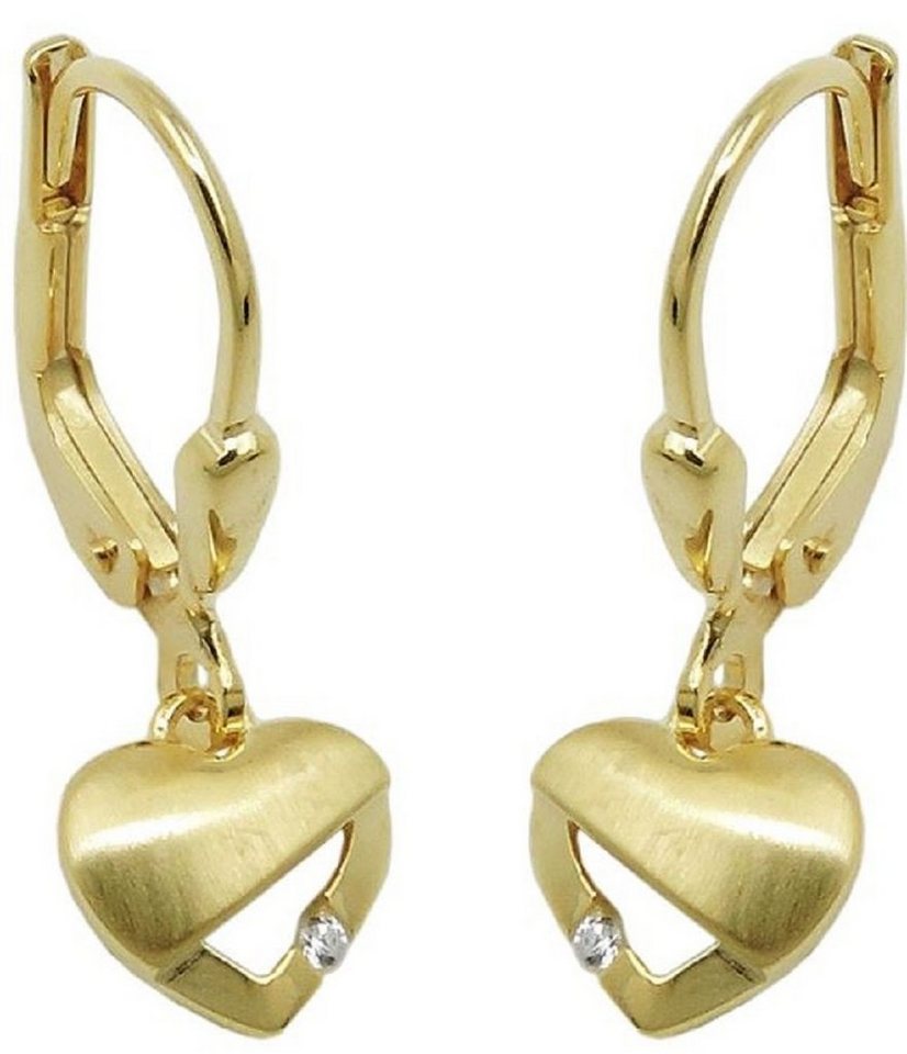 unbespielt Paar Ohrhänger Ohrringe Herz matt-glänzend mit Zirkonia 375 Gold  21 x 7 mm inkl. Box, Goldschmuck für Damen
