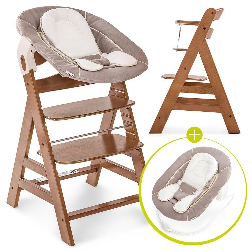 Hauck Hochstuhl Alpha Plus Walnut - Newborn Set (Set, 4 St), Holz Babystuhl ab Geburt mit Aufsatz für Neugeborene höhenverstellbar