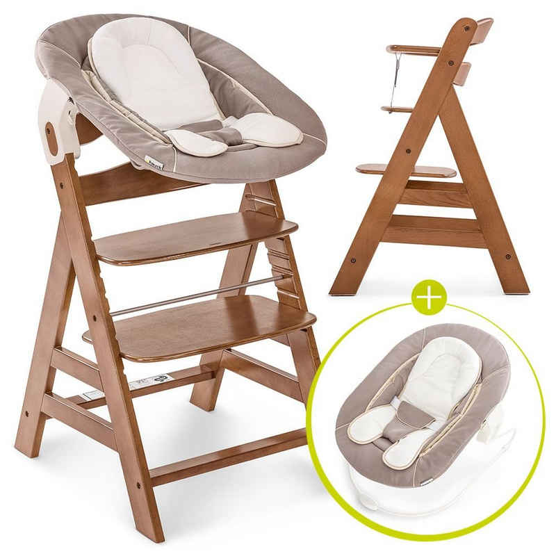 Hauck Hochstuhl Alpha Plus Walnut - Newborn Set (Set, 4 St), Holz Babystuhl ab Geburt mit Aufsatz für Neugeborene höhenverstellbar