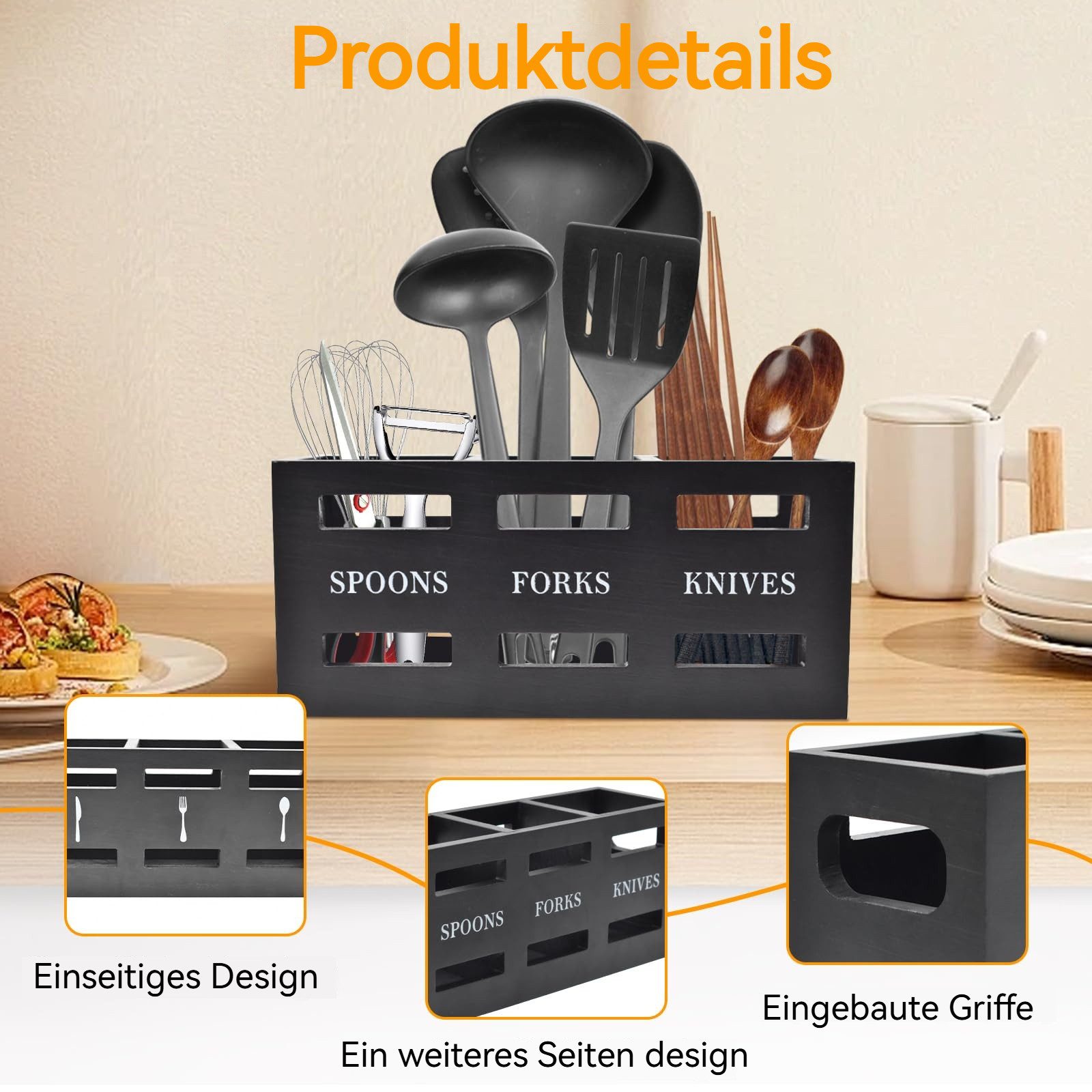 BlingBin Besteckhalter Utensilienhalter aus Holz, küchenutensilienhalter Utensilien-Organizer, (1er Set, 1-tlg., Holz-Utensilienbehälter mit 3 Fächern, 25,4 x 11,5 x 8,6 cm), Aufbewahrungsbehälter, Besteckhalter, für Messer, Gabel und Löffel