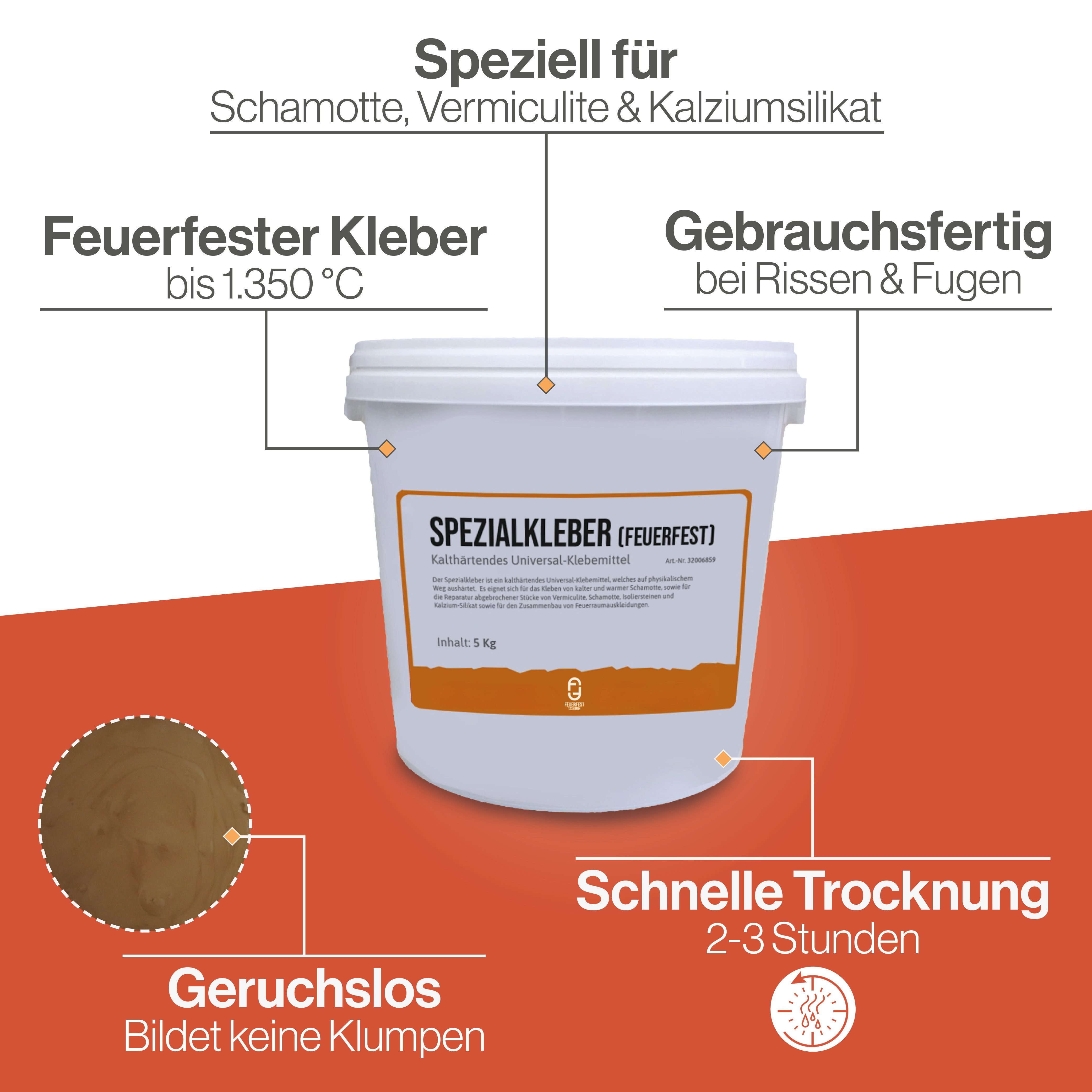 Feuerfest 123 GmbH Mörtel Universal feuerfester Spezial-Kleber, (hitzebeständig bis 1.350 °C, physikalische Trocknung), für Schamotte, Vermiculite und feuerfeste Bauteile