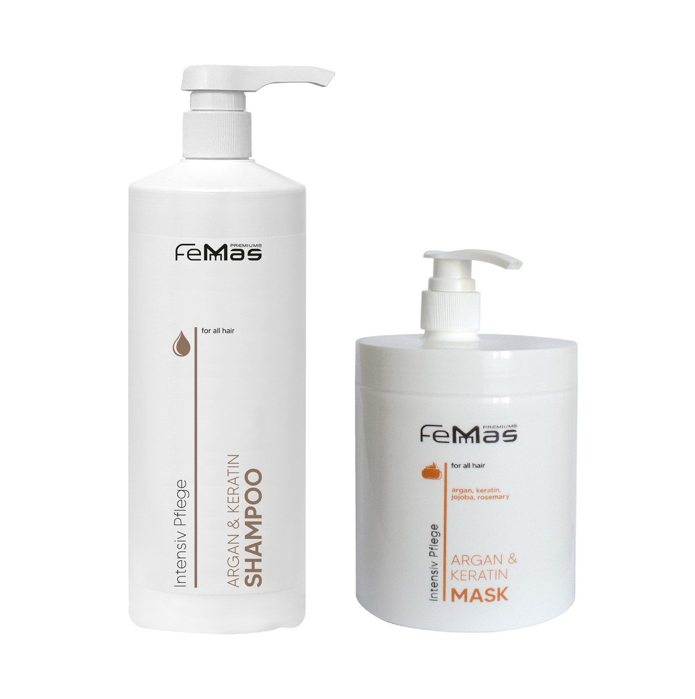 Femmas Premium Haarshampoo FemMas Argan & Keratin Shampoo & Haarkur je 1L mit Pumpe, Spar-Set, Shampoo und Haarkur, Mit Keratin und Arganöl