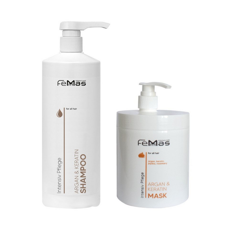 Femmas Premium Haarshampoo FemMas Argan & Keratin Shampoo & Haarkur je 1L mit Pumpe, Spar-Set, Shampoo und Haarkur, Mit Keratin und Arganöl