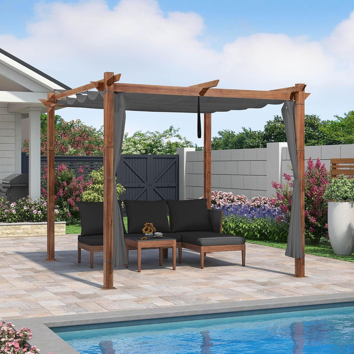 PURPLE LEAF Pergola Pergola mit Schiebedach in Holzoptik und Seitenmarkise für Terrasse, BxTxH: 300x300x245 cm, (Komplettes Set, 1 Pergola + 1 Seitenvorhang), Freistehende Pergola mit manuellem Schiebedach und Seitenvorhang