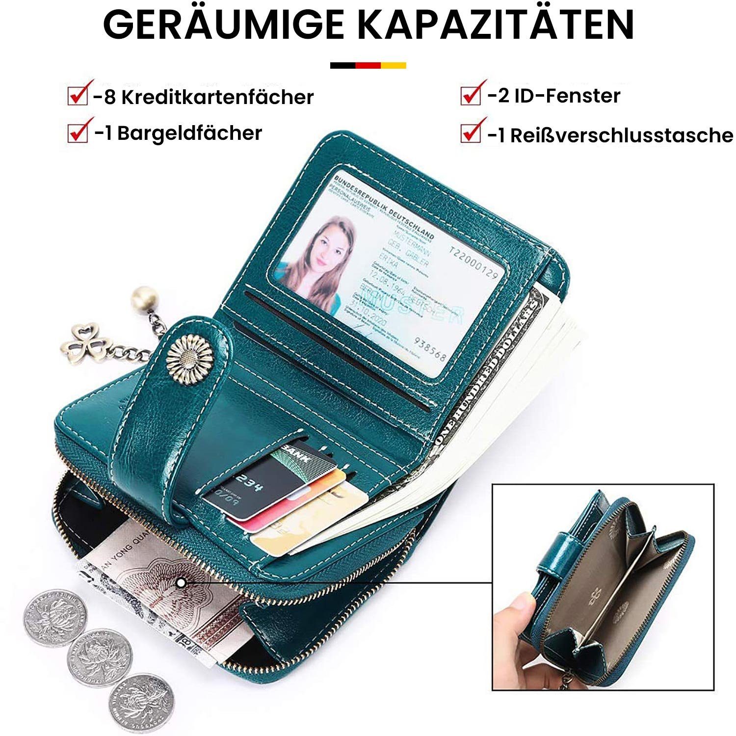 MAGICSHE Brieftasche Münzfach Damen Schild kleine Leder Hellblau Echtes Reißverschluss RFID Geldbörse, und Clip Geldbörse, mit