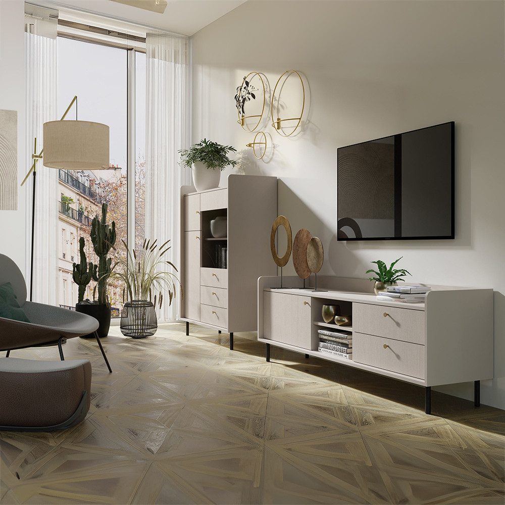 Lomadox Wohnzimmer-Set GORICA-133, (Mega-Spar-Set, 2-St., Sideboard Highboard Wandregale Couchtisch), in sandbeige mit feiner Struktur, Metallgriffe goldfarben, modern