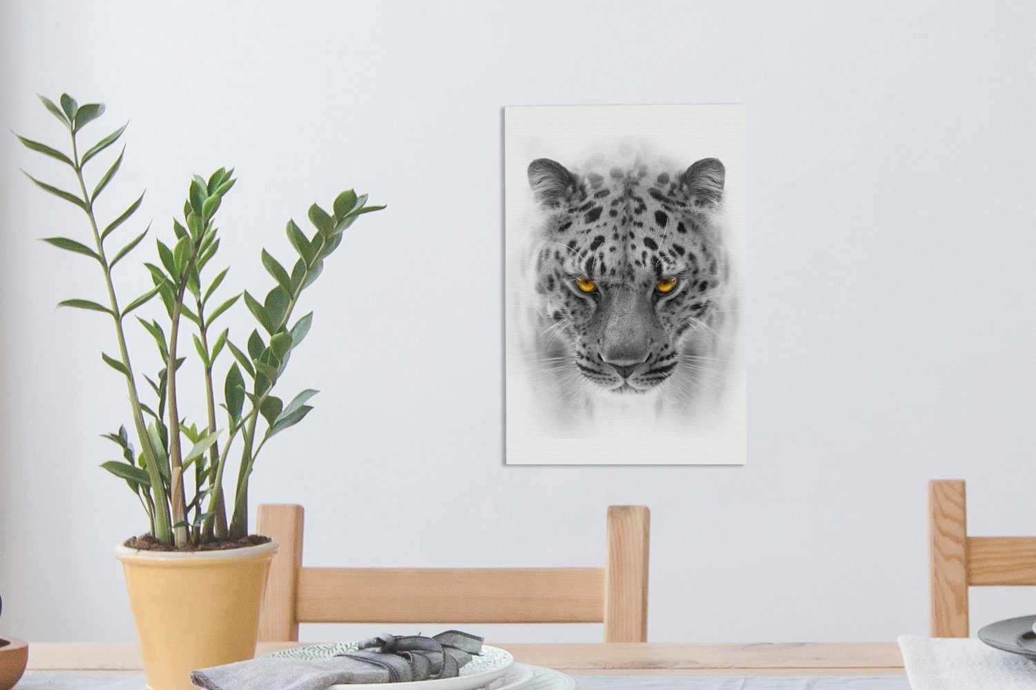 Leopard Gemälde, 20x30 St), Schwarz cm bespannt Weiß - Leinwandbild OneMillionCanvasses® Tier, fertig - inkl. Leinwandbild (1 Zackenaufhänger, -