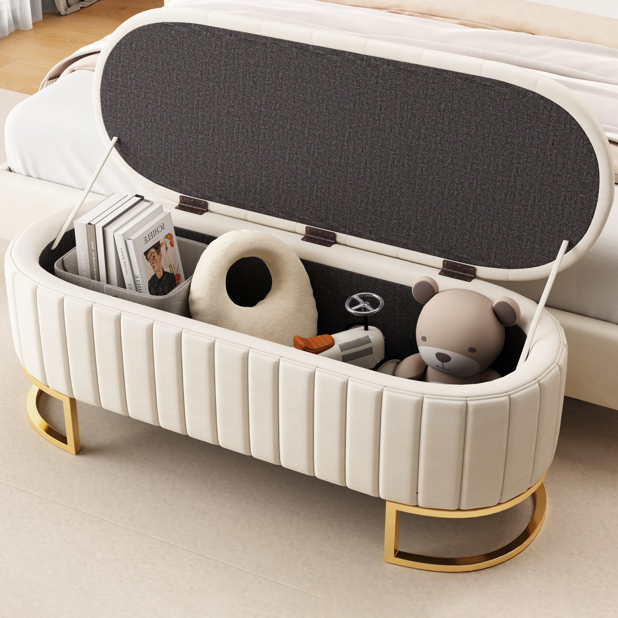 KLAM HOME Sitzhocker Stauraum-Fußbank 120 cm Beige Samtstoff (Gepolsterte Sitzbank mit verstecktem Stauraum), Multifunktional für Wohnzimmer, Schlafzimmer & Flur